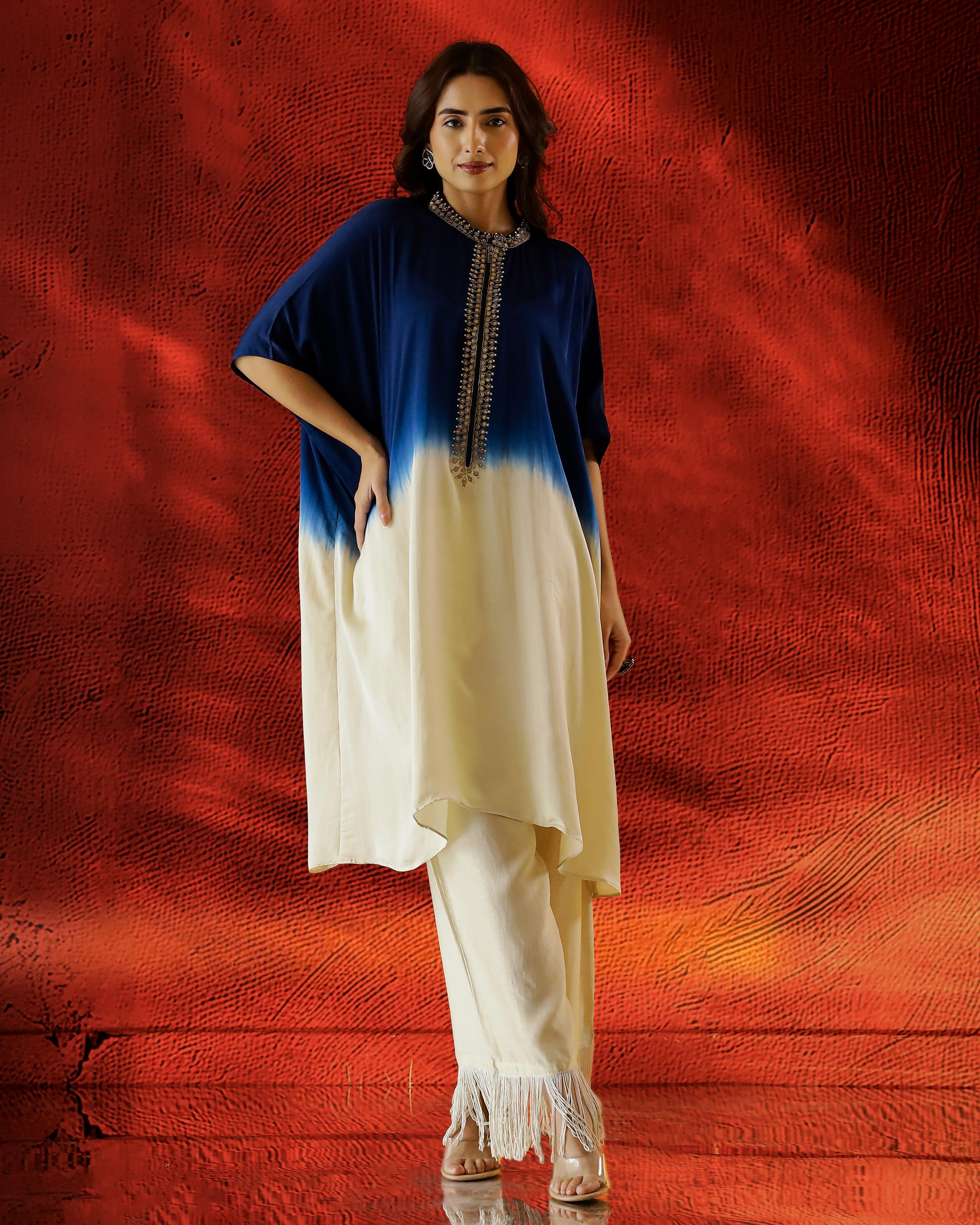 Blue Ombre Dyed Satin Silk Kaftan Set