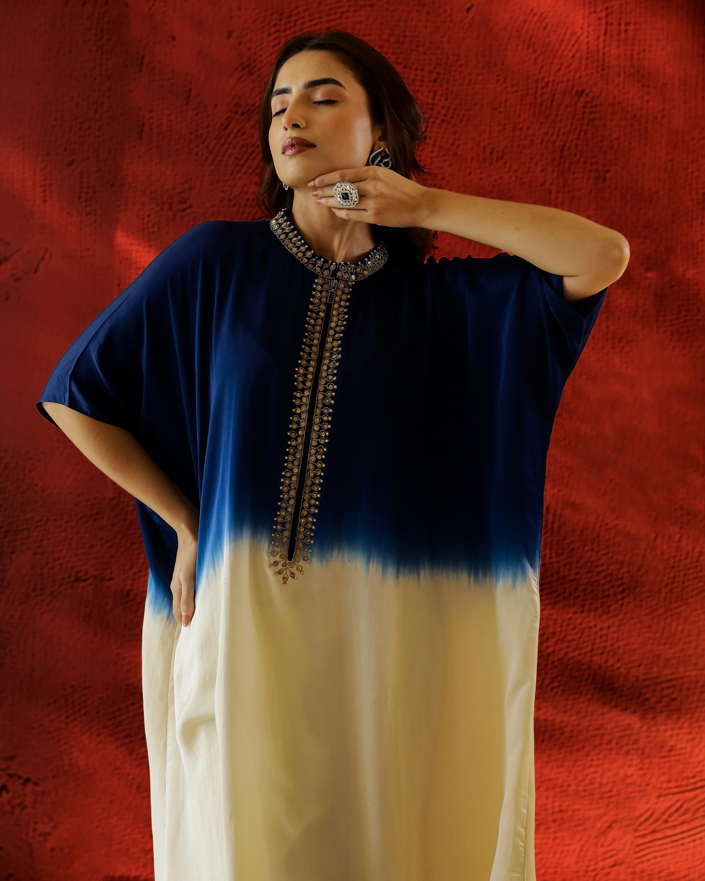 Blue Ombre Dyed Satin Silk Kaftan Set