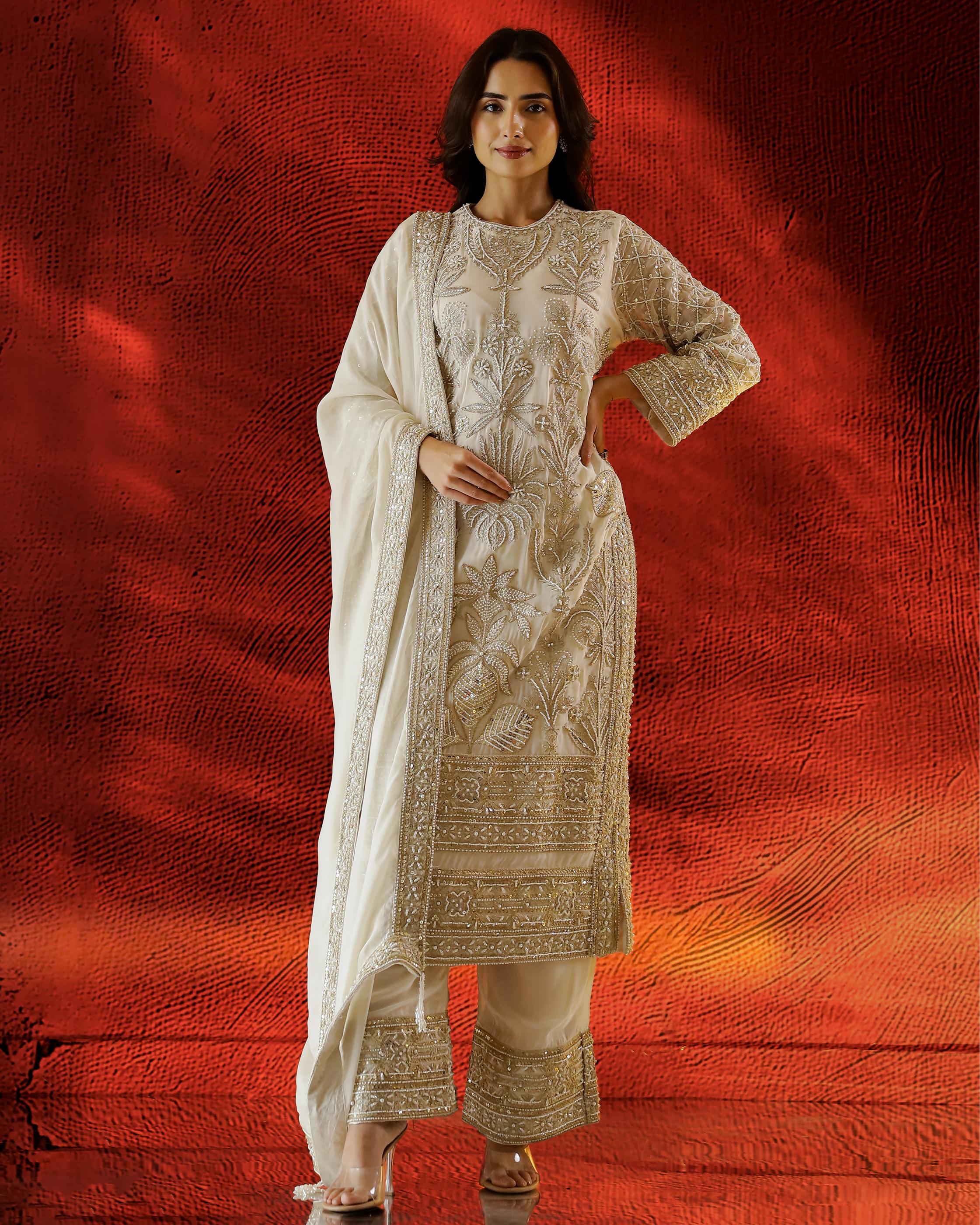 Ivory Embellished Organza Net Silk Kurta Set