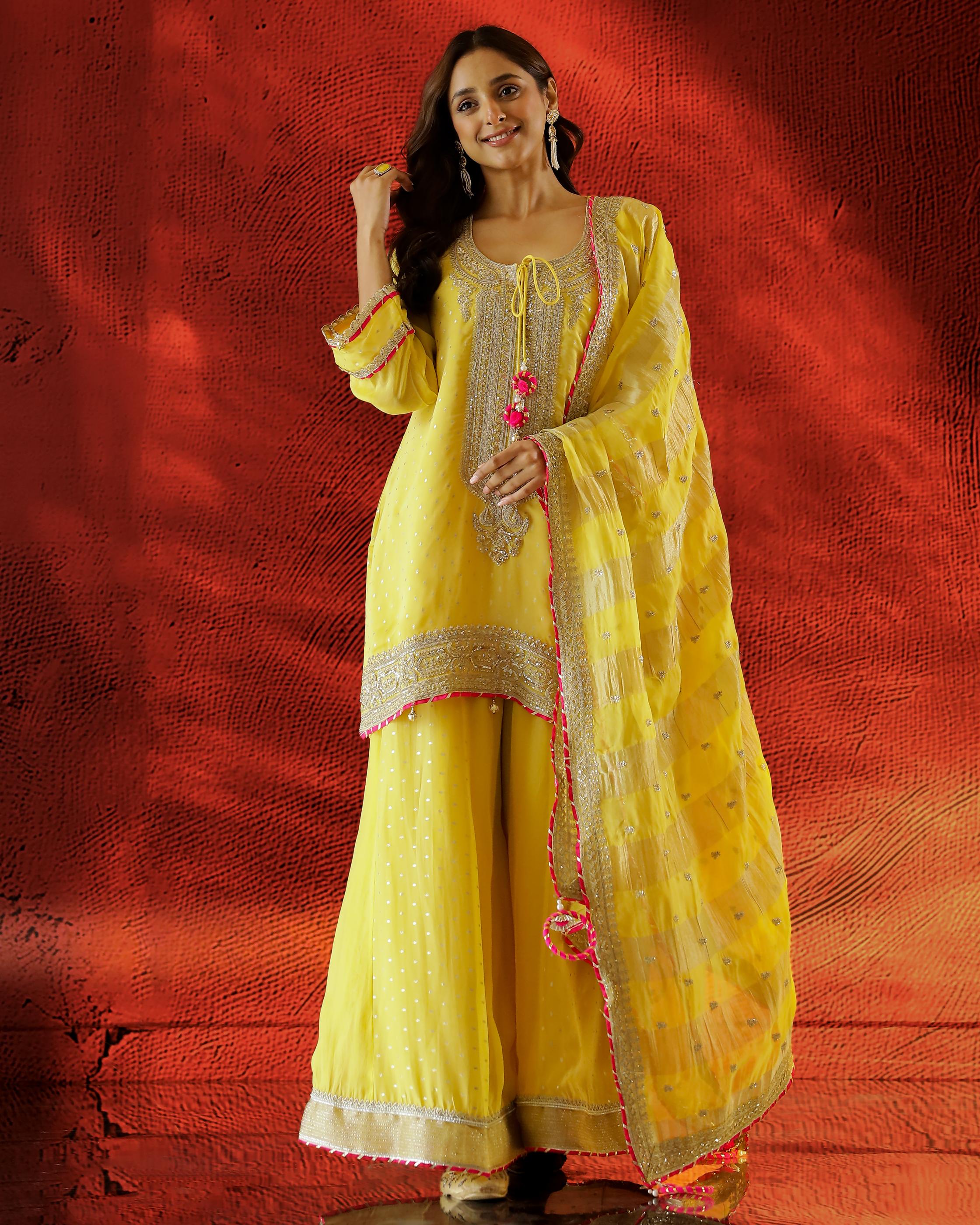 Yellow Embellished Premium Tissue Organza Palazzo Set