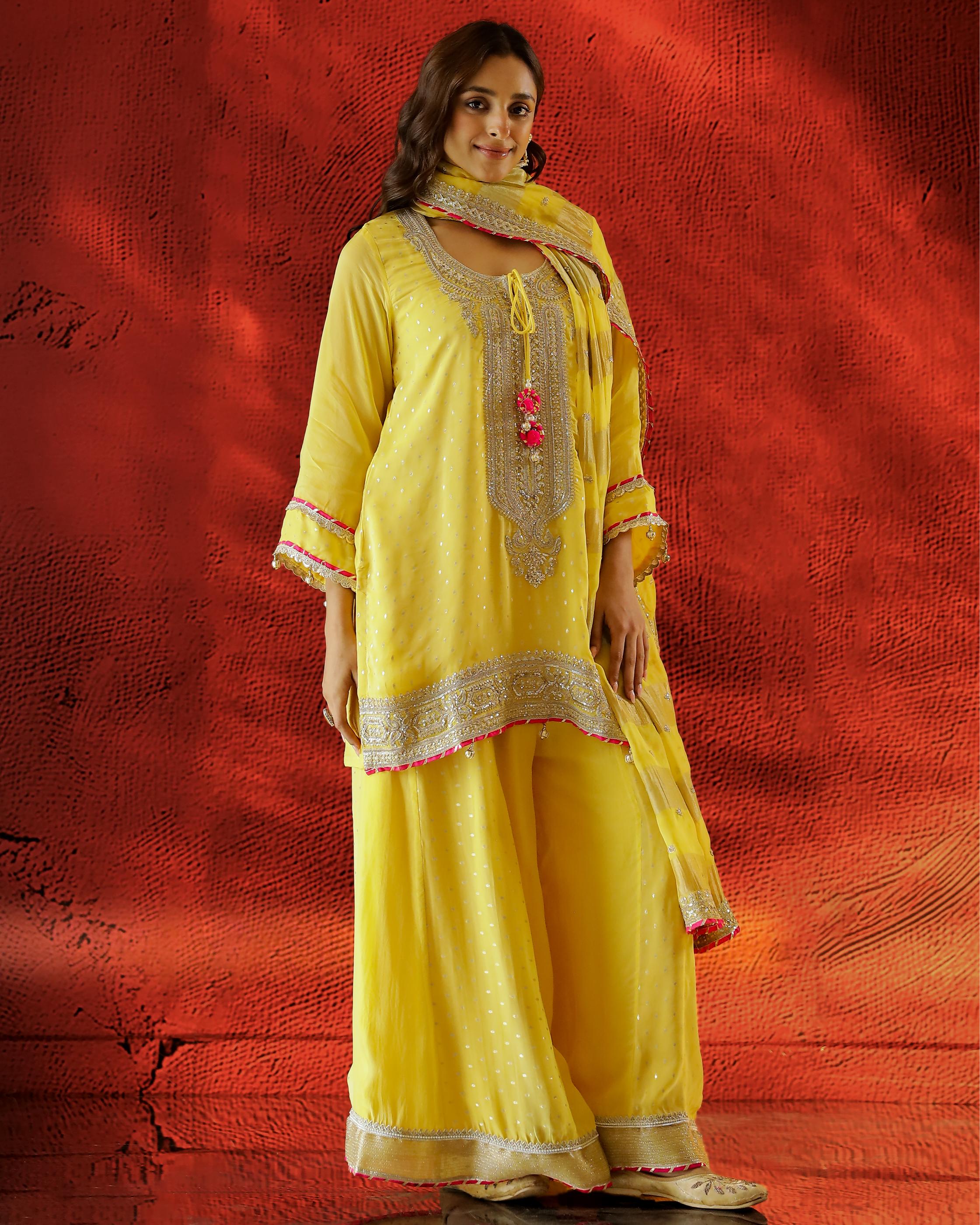 Yellow Embellished Premium Tissue Organza Palazzo Set