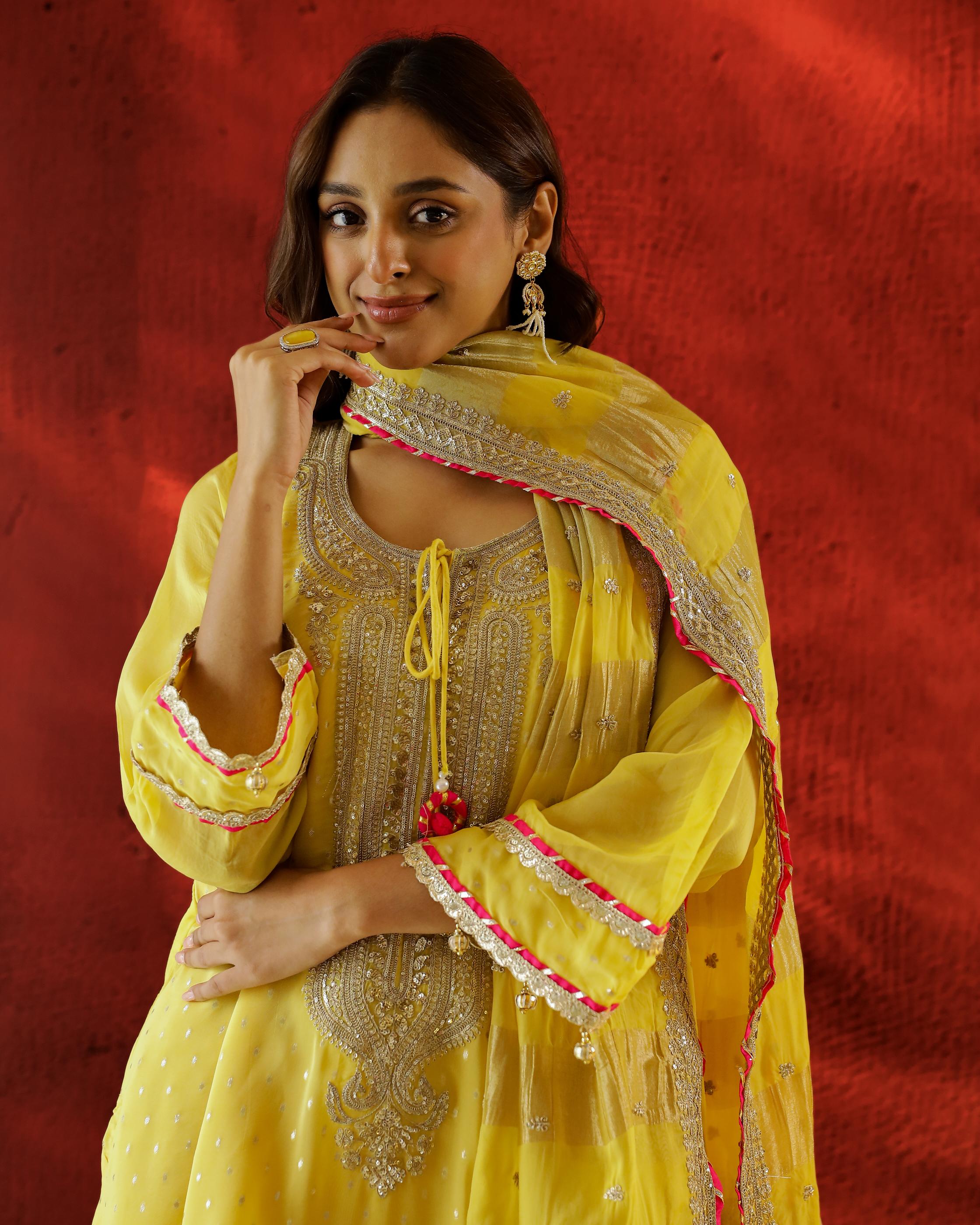 Yellow Embellished Premium Tissue Organza Palazzo Set