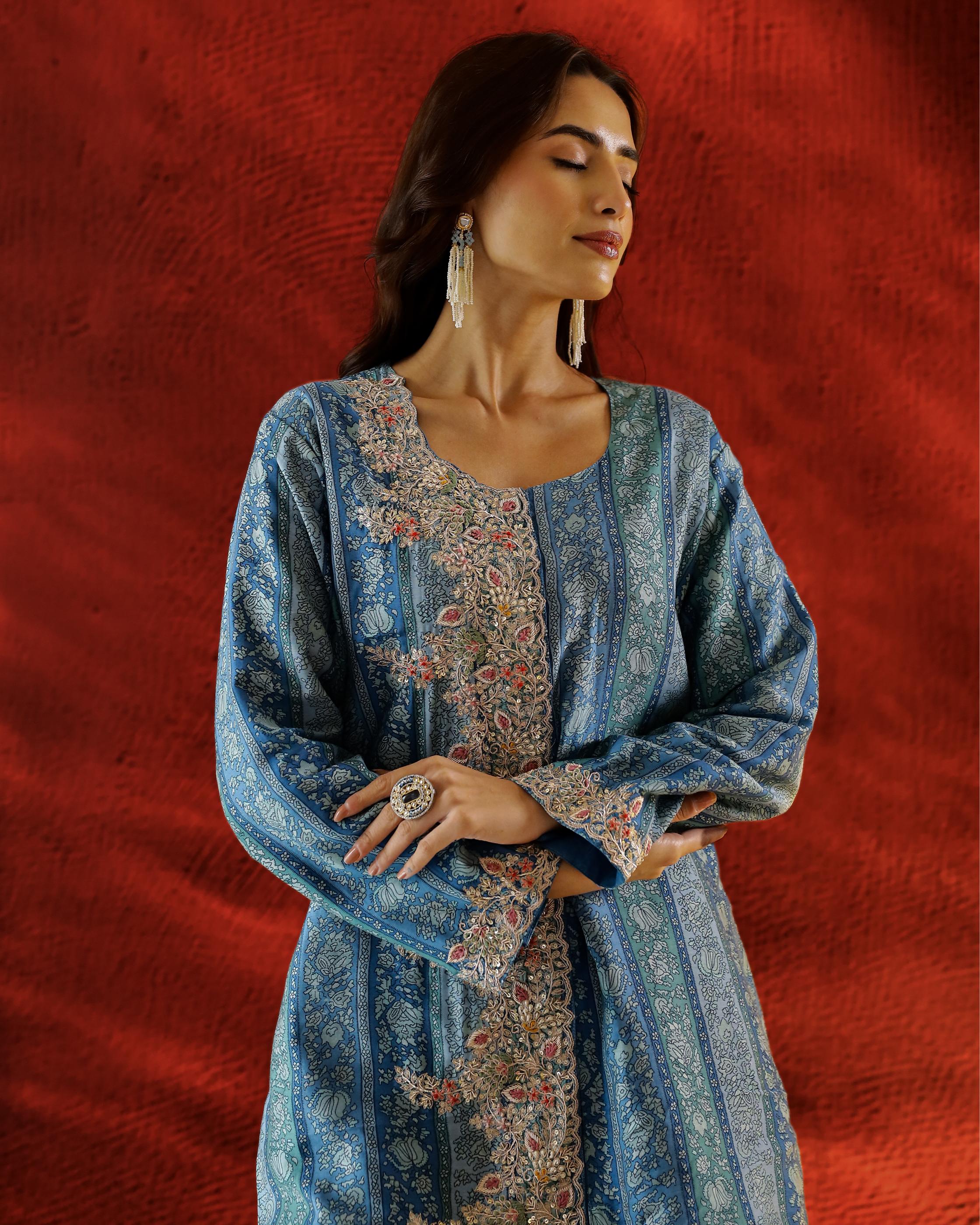 Sky Blue Printed Spanish Silk Palazzo Set