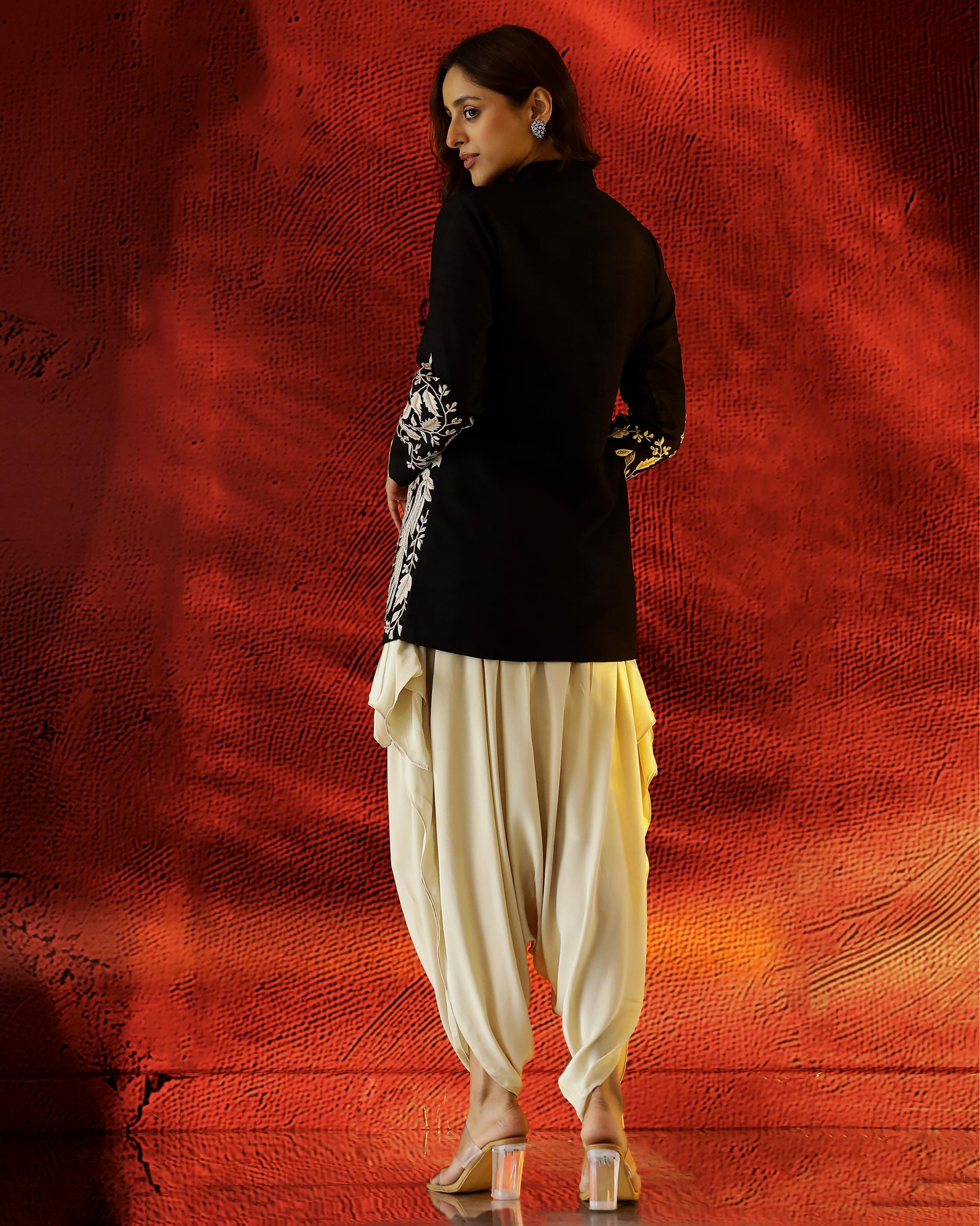 Classic Black Embroidered Raw Silk Jacket with Cowl Pants