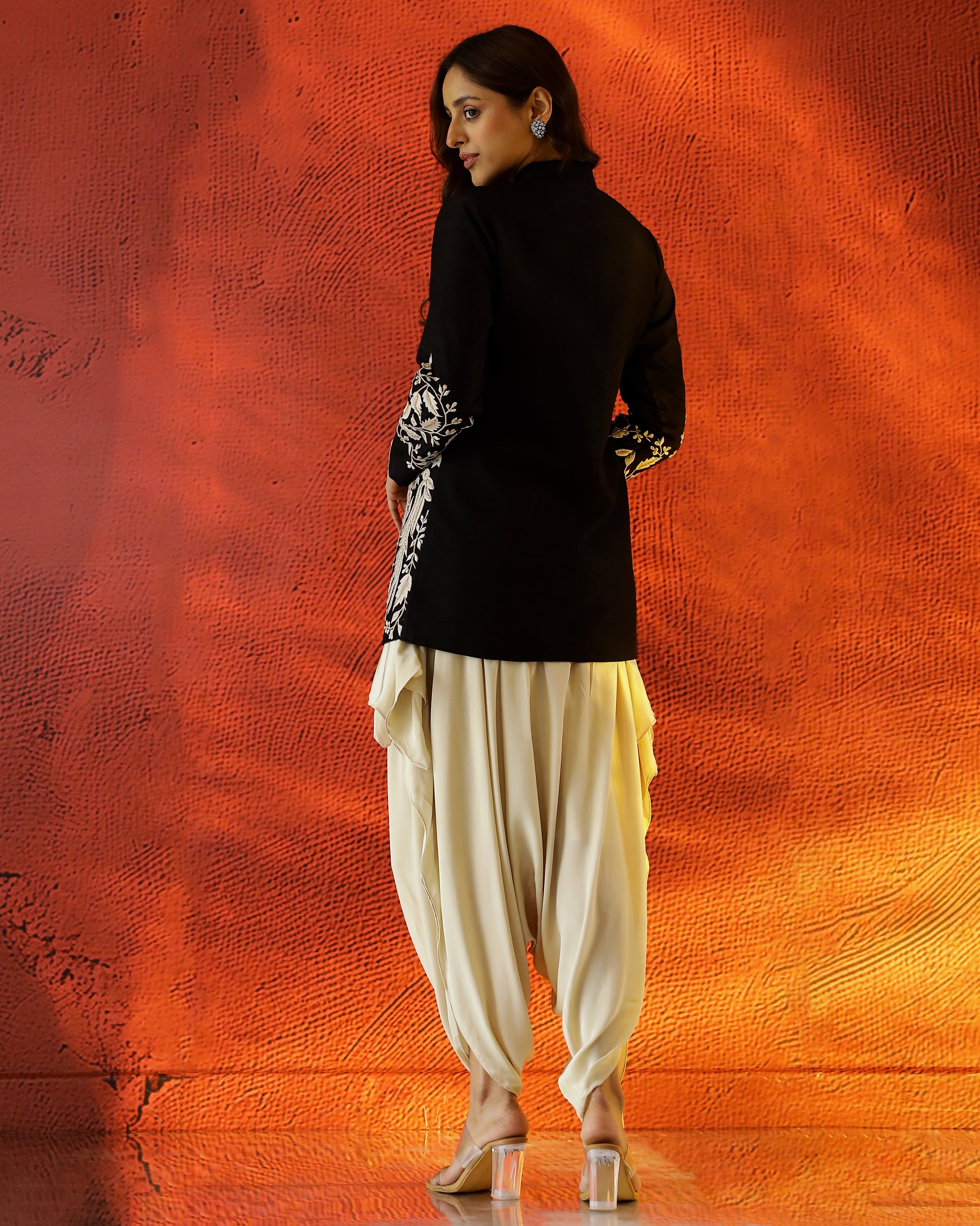 Classic Black Embroidered Jacket with Cowl Pants