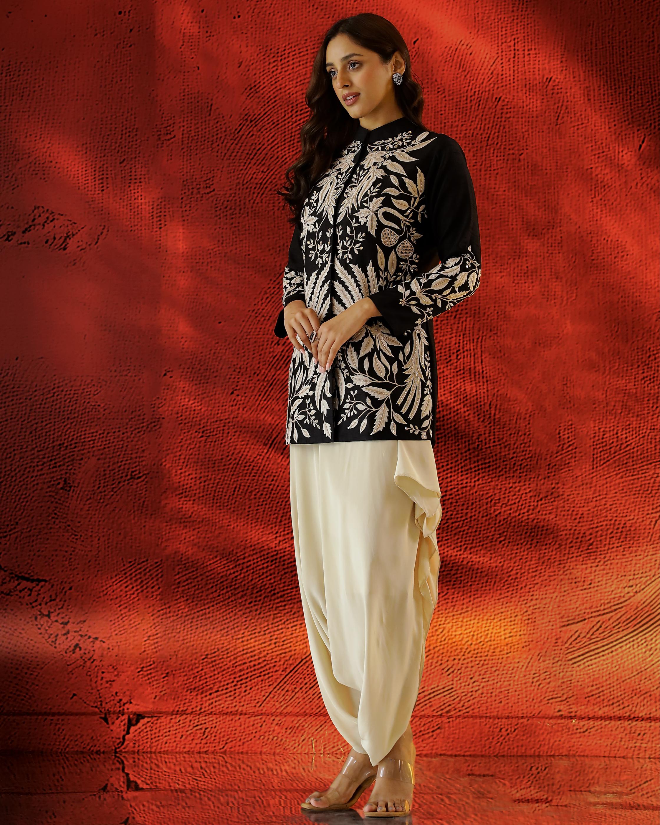 Classic Black Embroidered Raw Silk Jacket with Cowl Pants