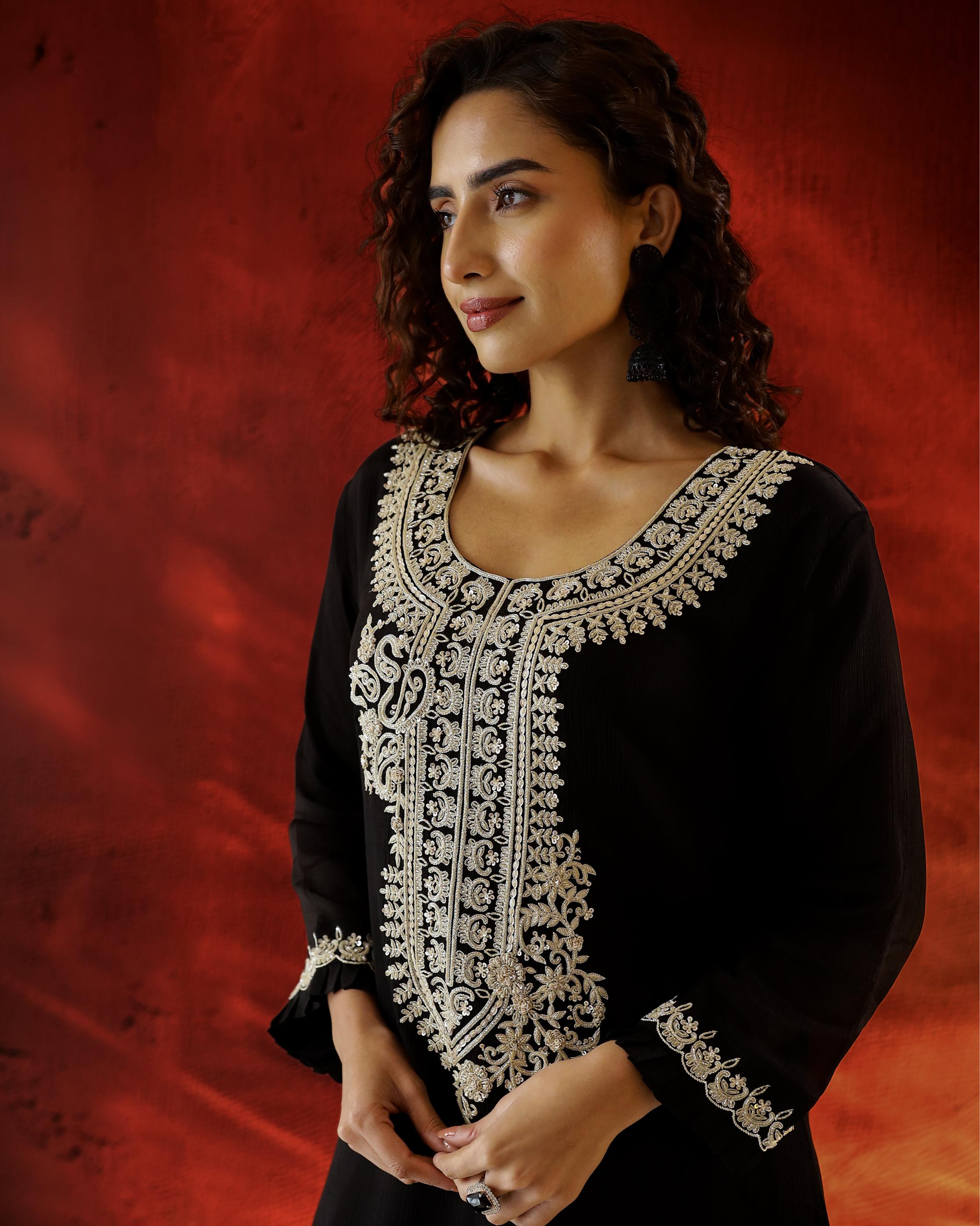 Black Embroidered Chinon Silk Palazzo Set