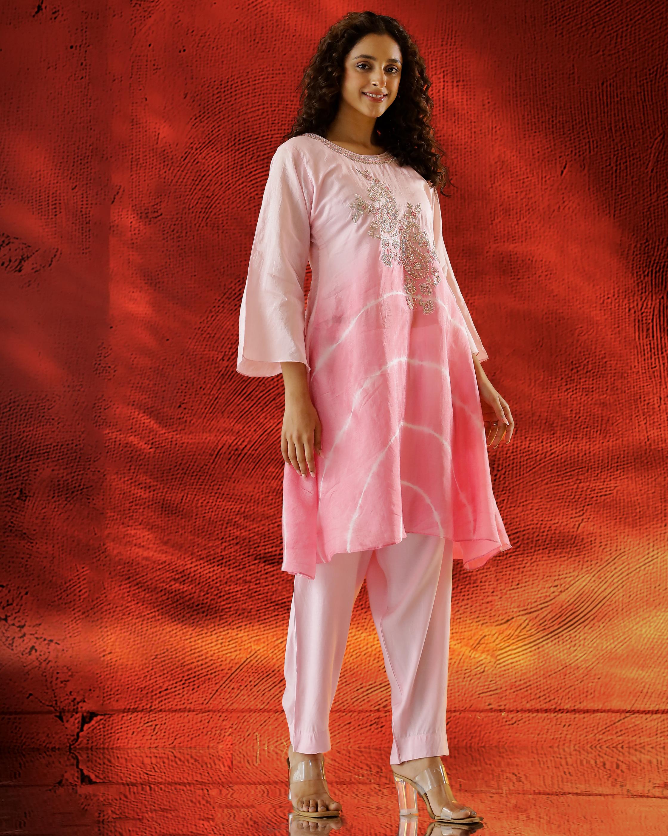 Baby Pink Embellished Tissue Organza Silk Kurta Set