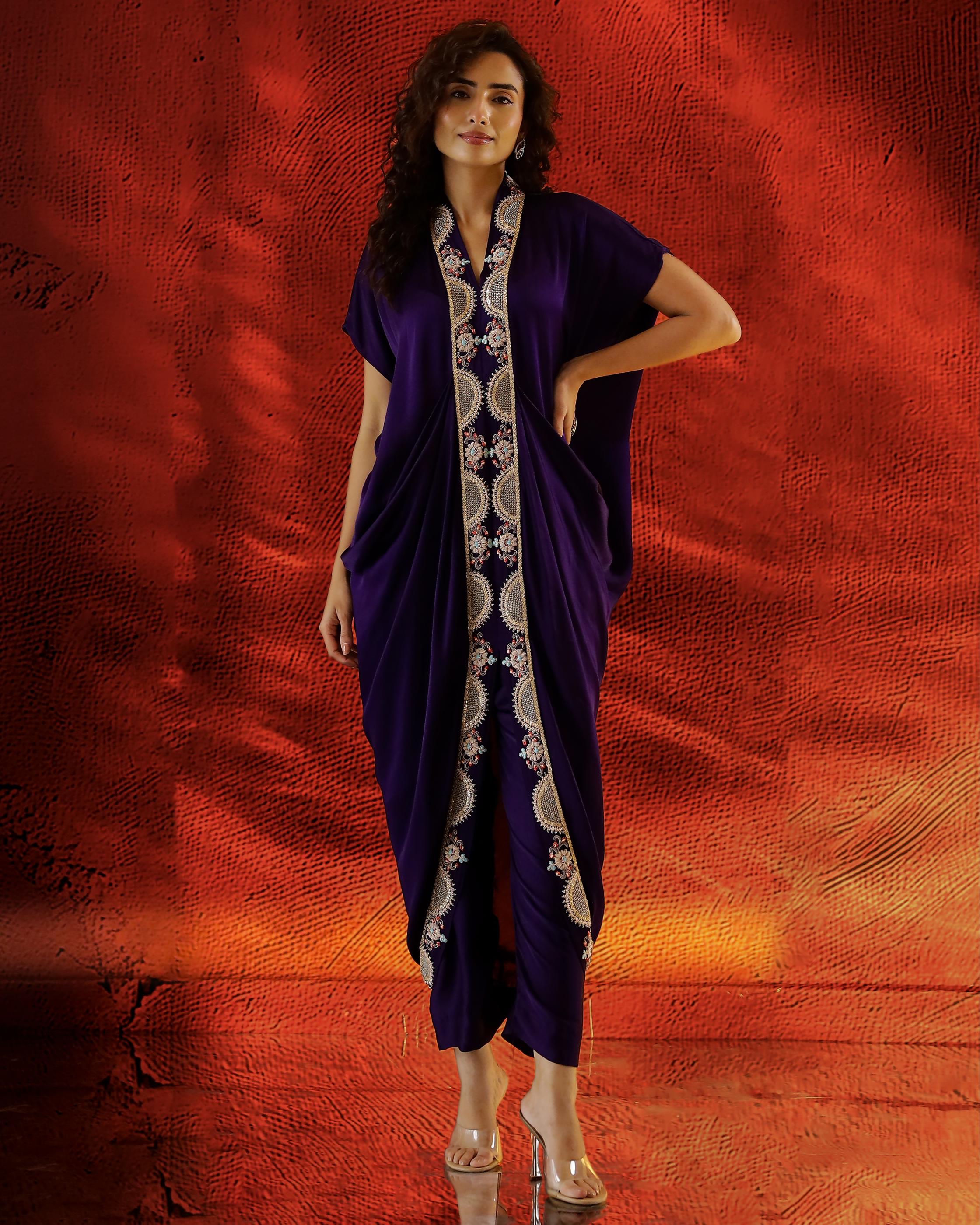 Purple Embellished Stain Silk Dress With Pants