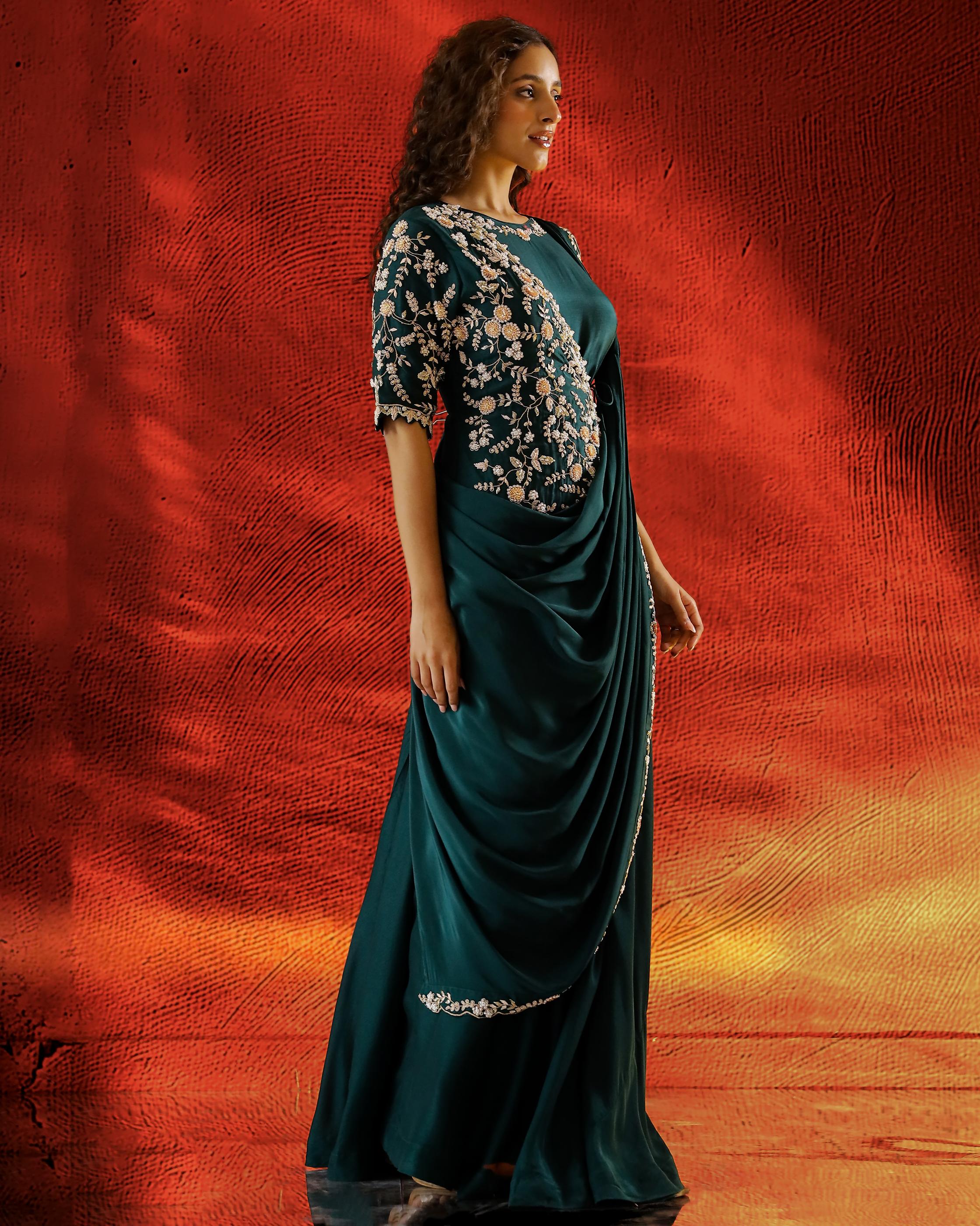 Bottle Green Embroidered Raw Silk Gown