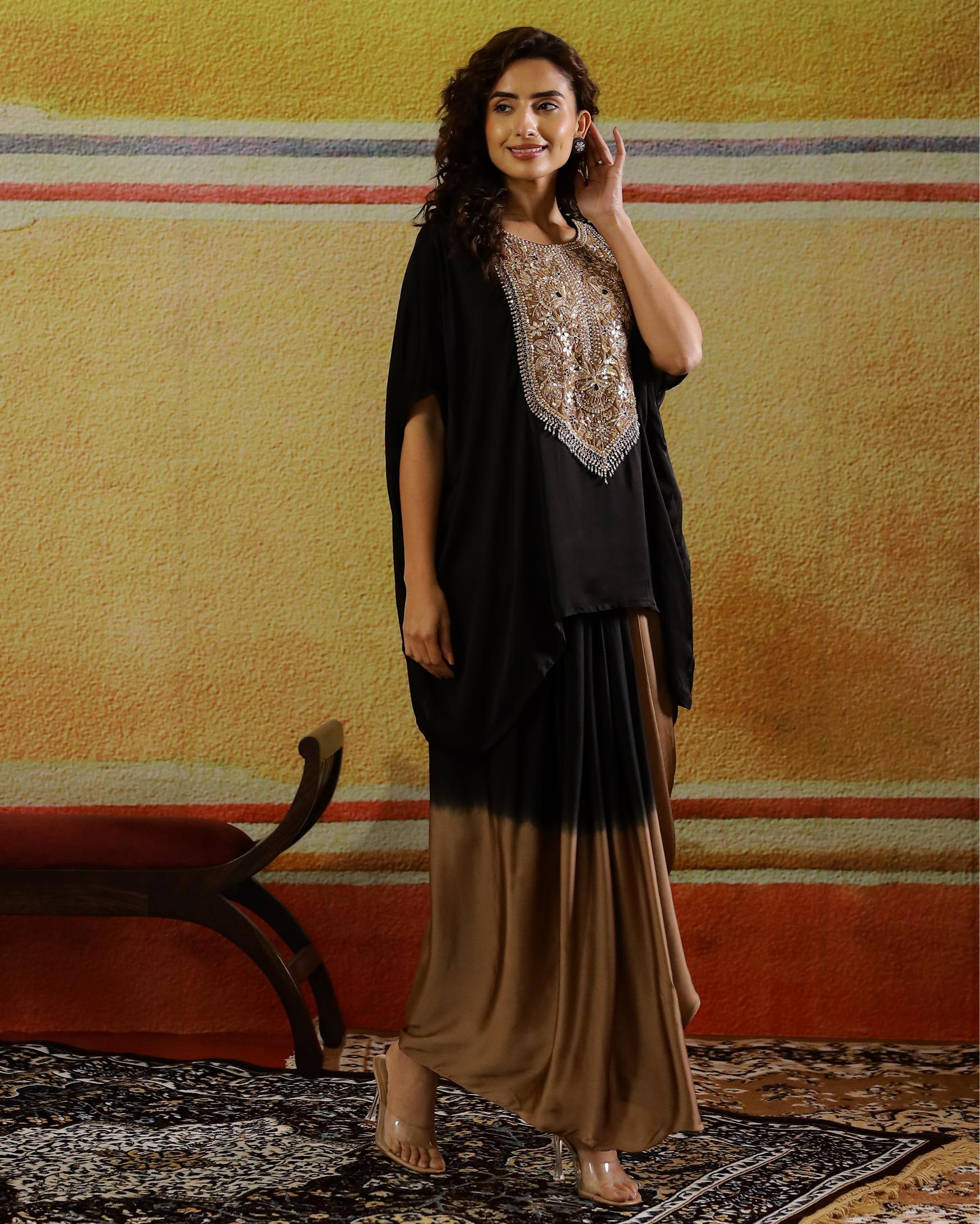 Black Embellished Satin Silk Kaftan & Skirt Set