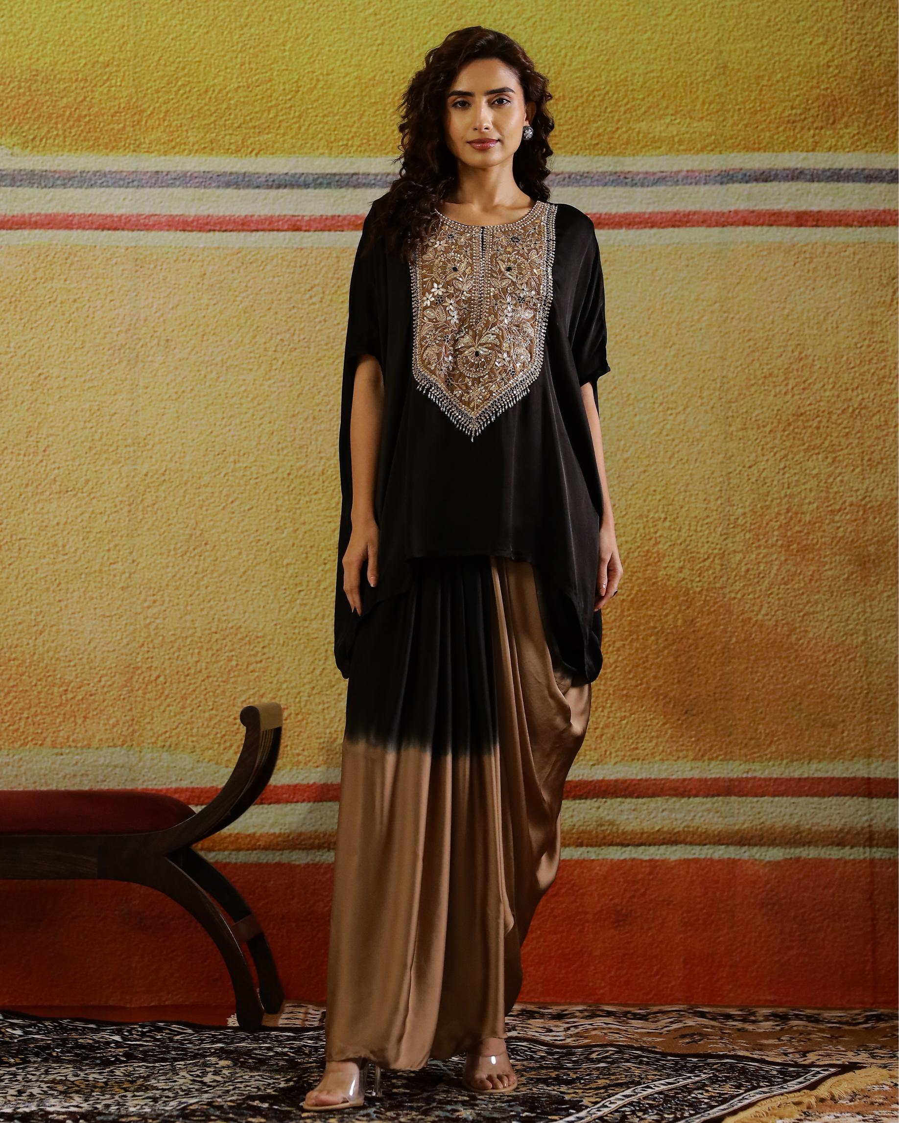 Black Embellished Satin Silk Kaftan & Skirt Set