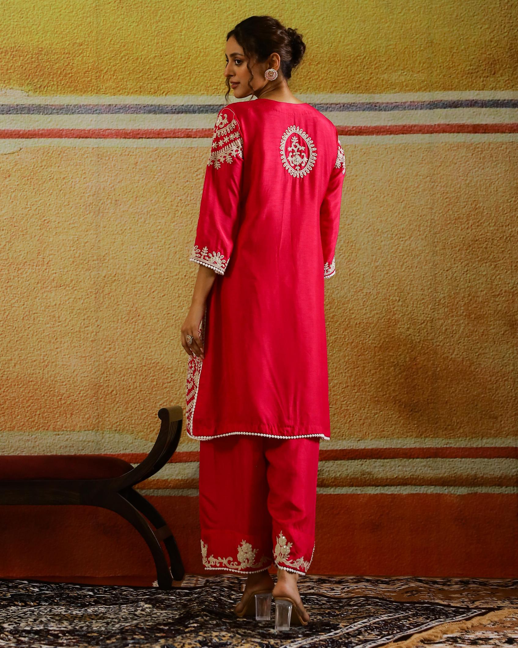 Rani Pink Embroidered Raw Silk Kurta Set