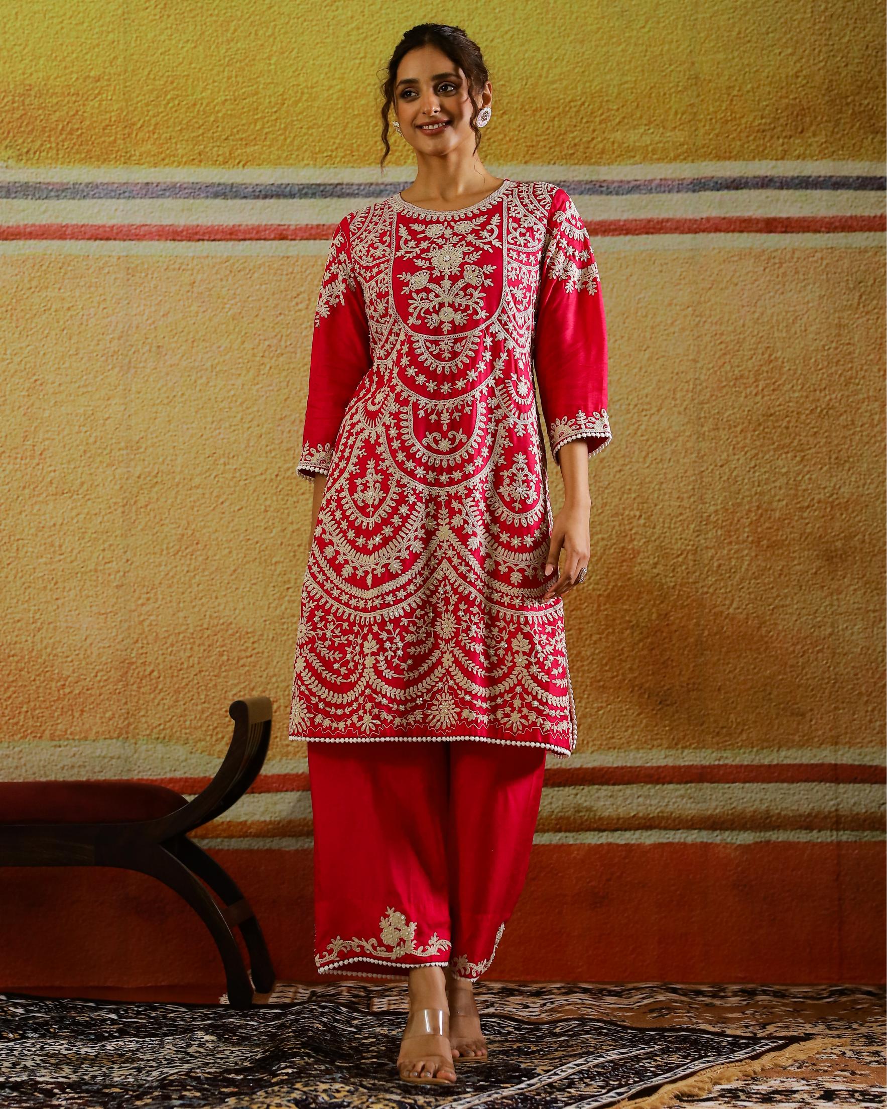 Rani Pink Embroidered Raw Silk Kurta Set