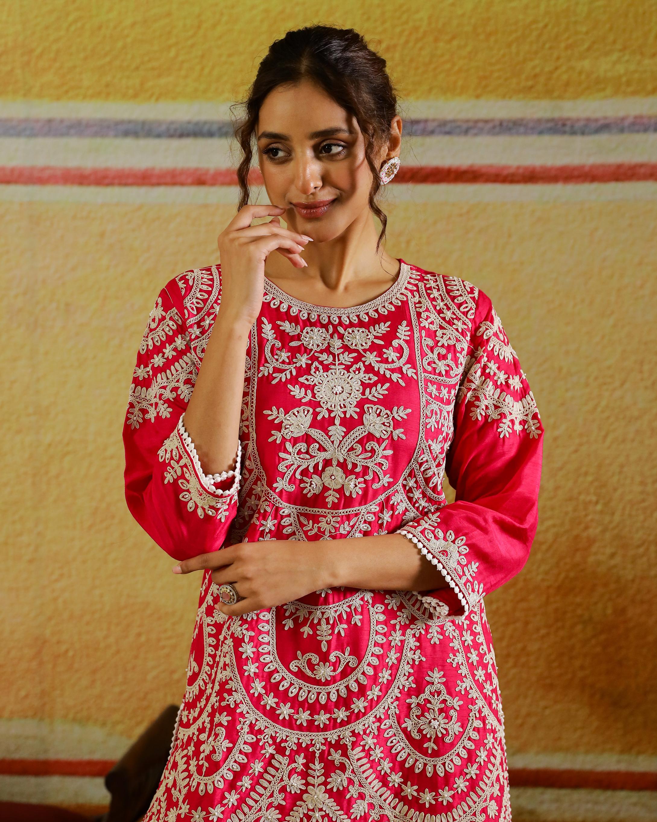 Rani Pink Embroidered Raw Silk Kurta Set