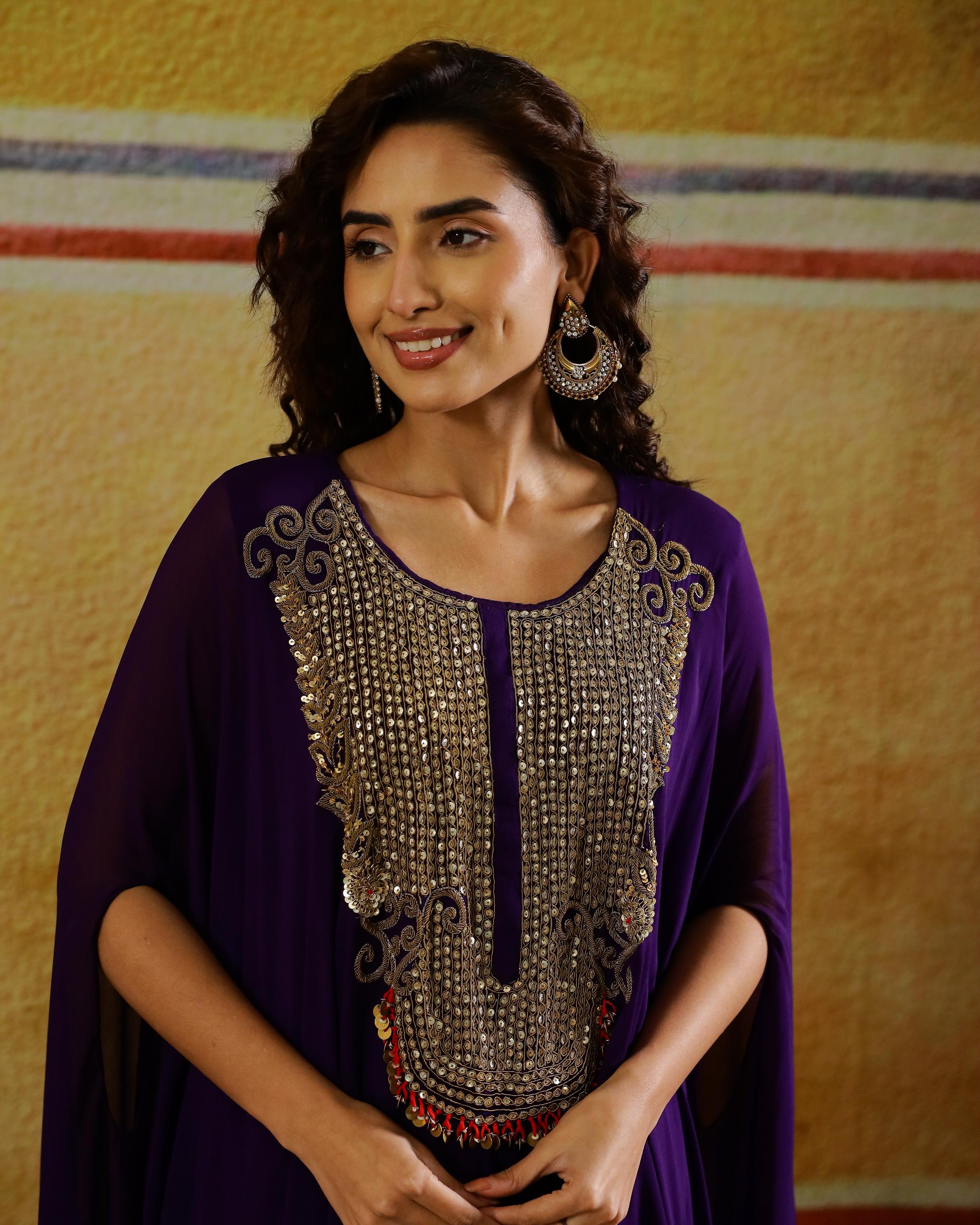 Purple Embellished Georgette Kaftan Set