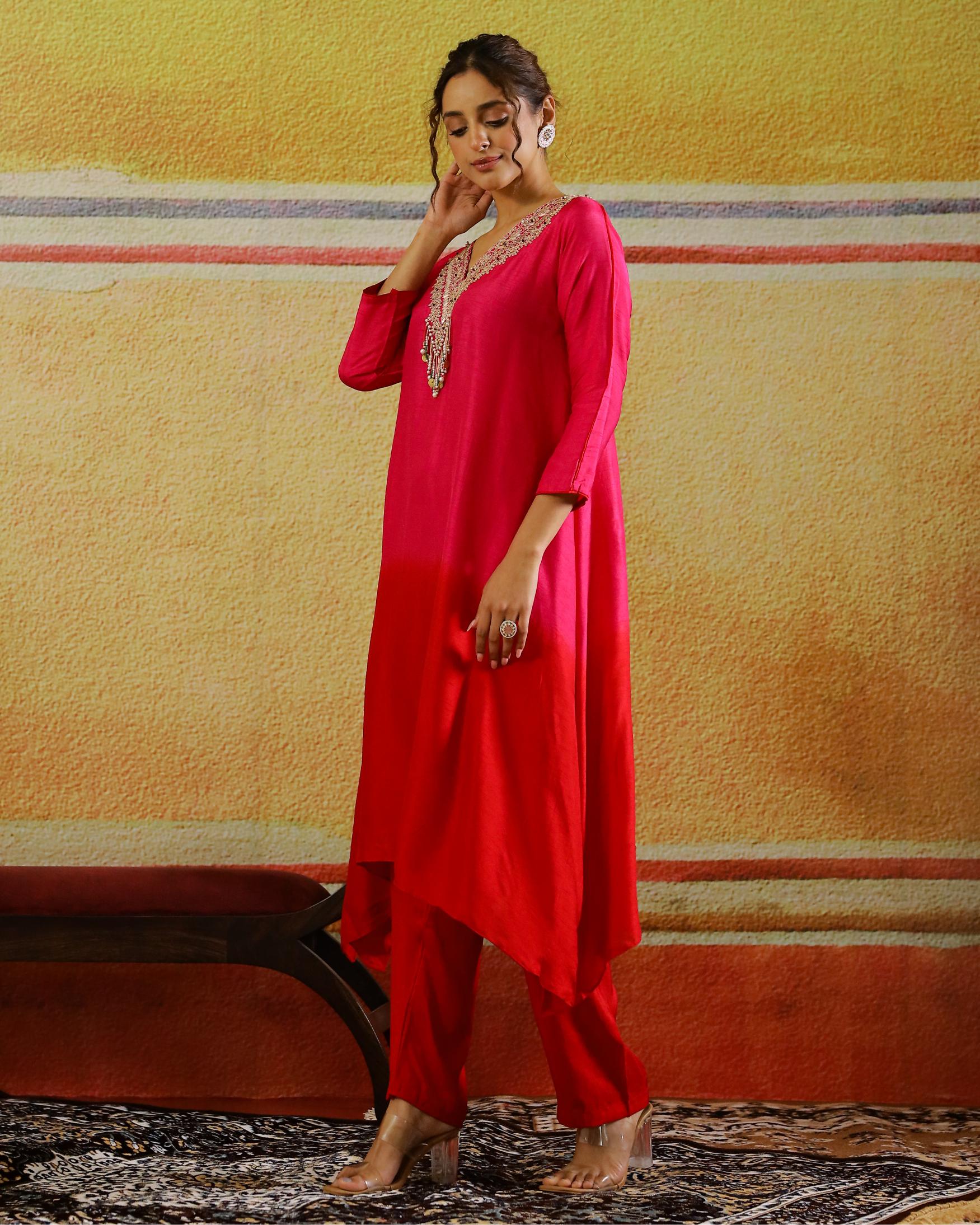 Rani Pink Embellished Raw Silk Kurta Set