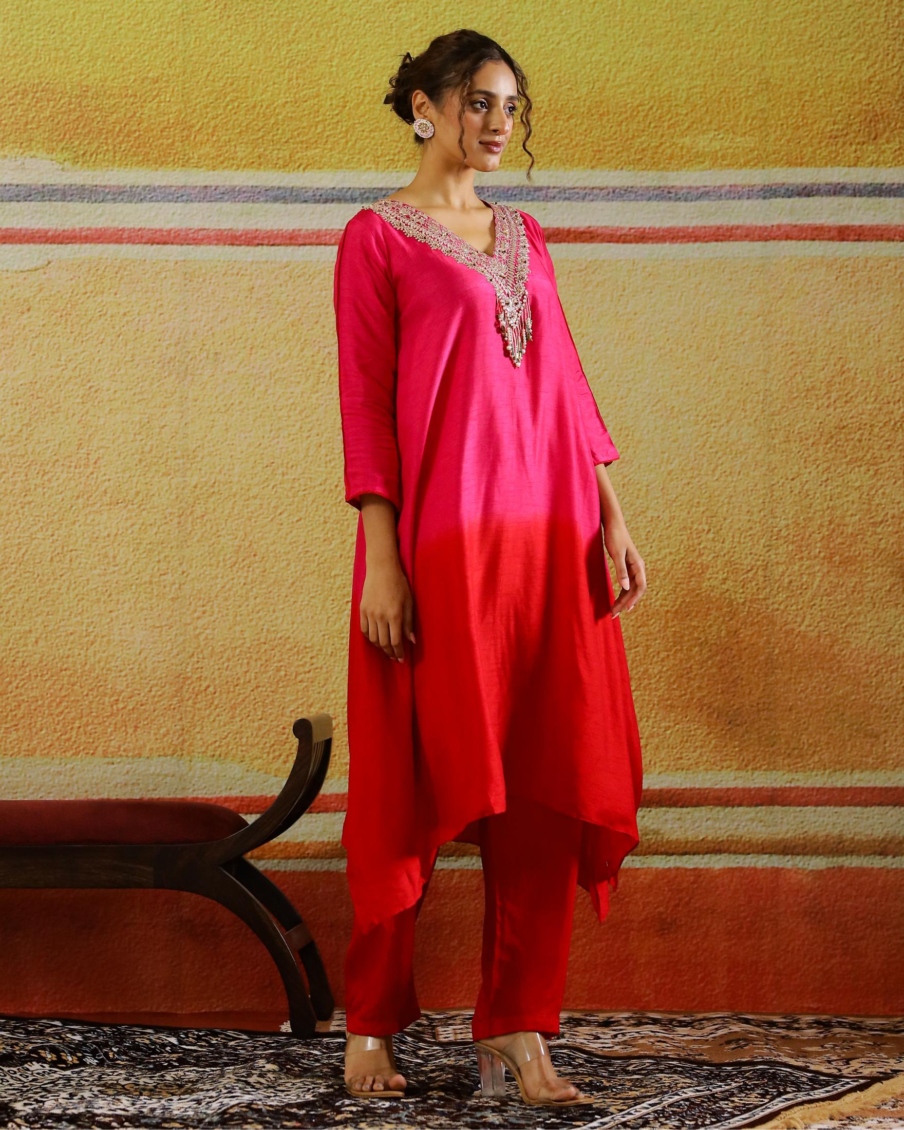 Rani Pink Embellished Raw Silk Kurta Set