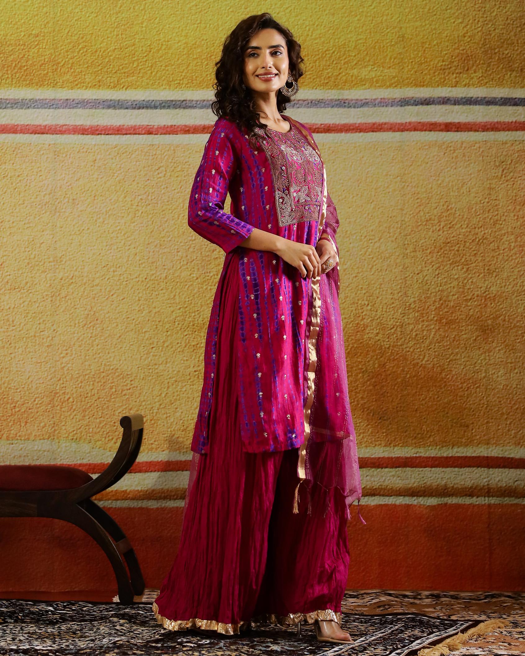 Rani Pink Embellished Silk Kurta Set