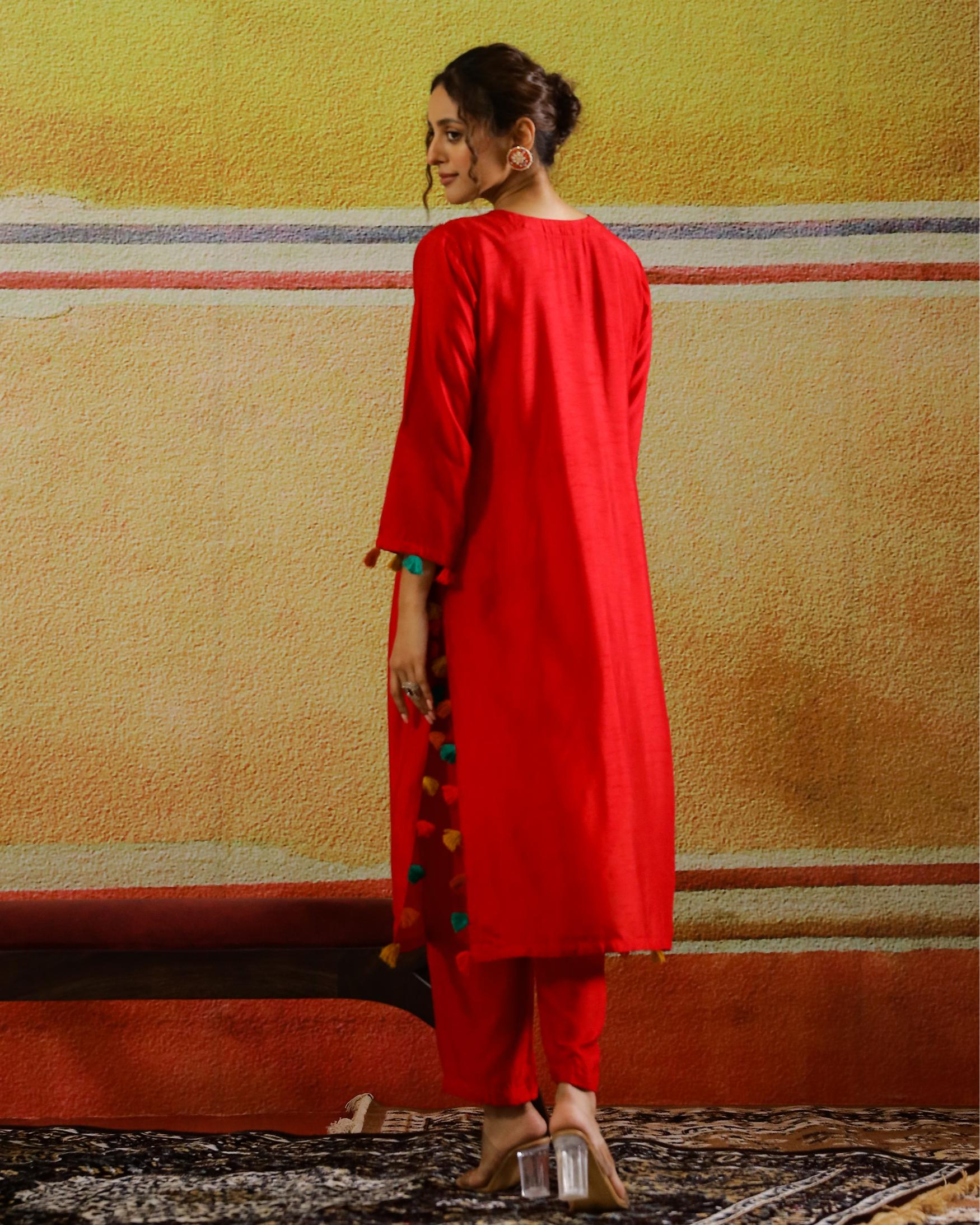 Hot Red Embellished Raw Silk Kurta Set