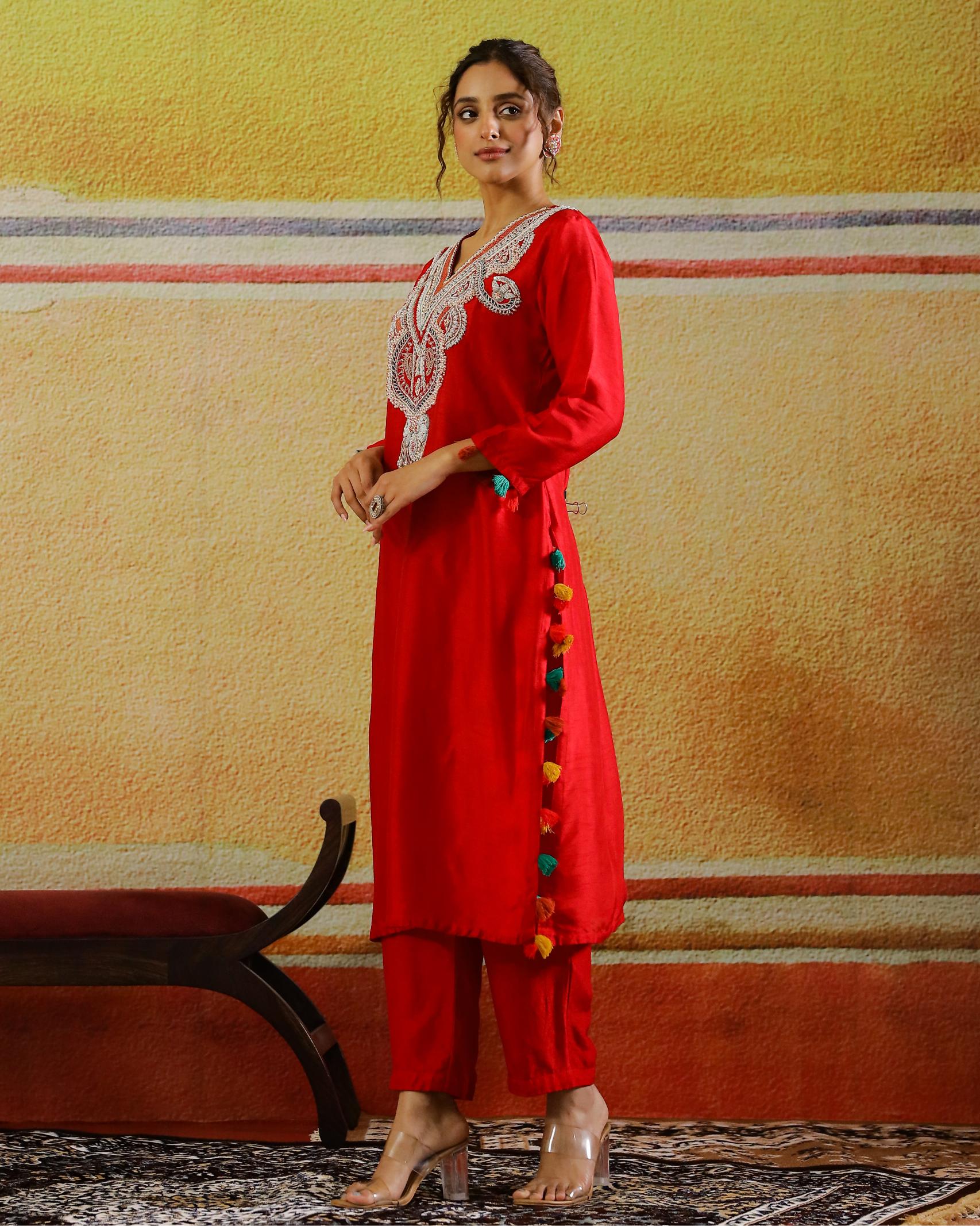 Hot Red Embellished Raw Silk Kurta Set