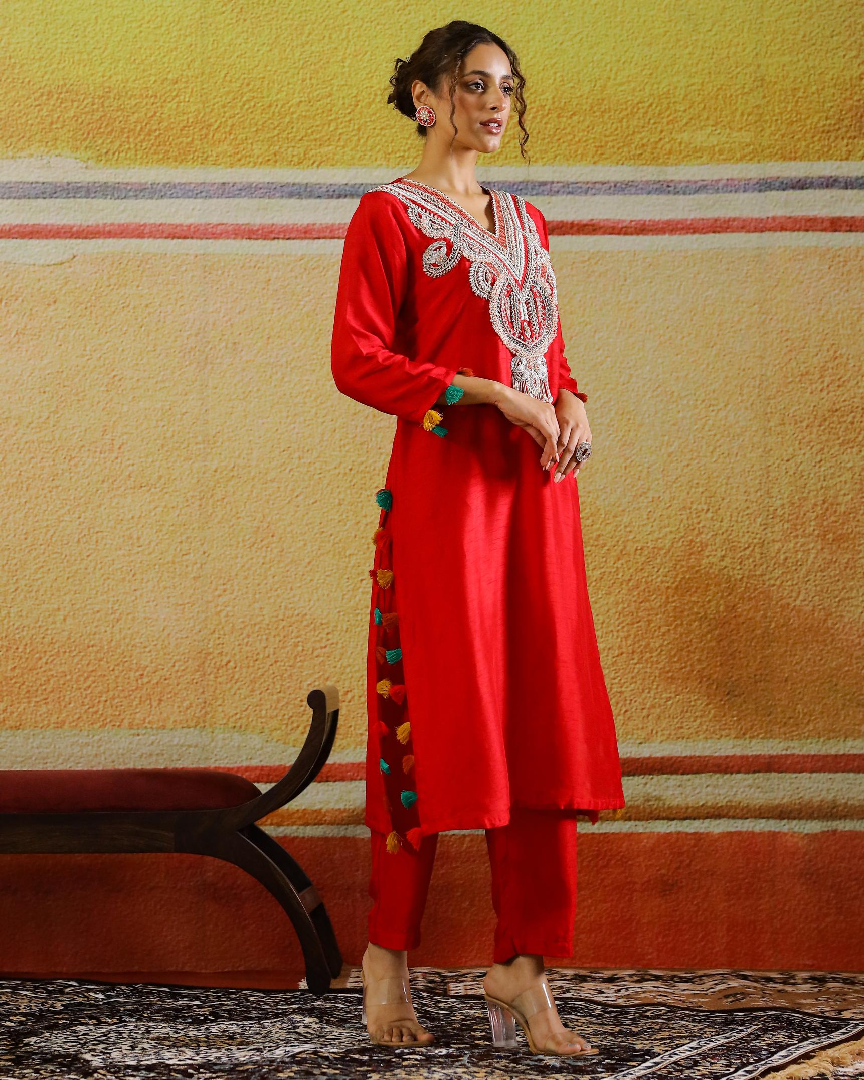 Hot Red Embellished Raw Silk Kurta Set