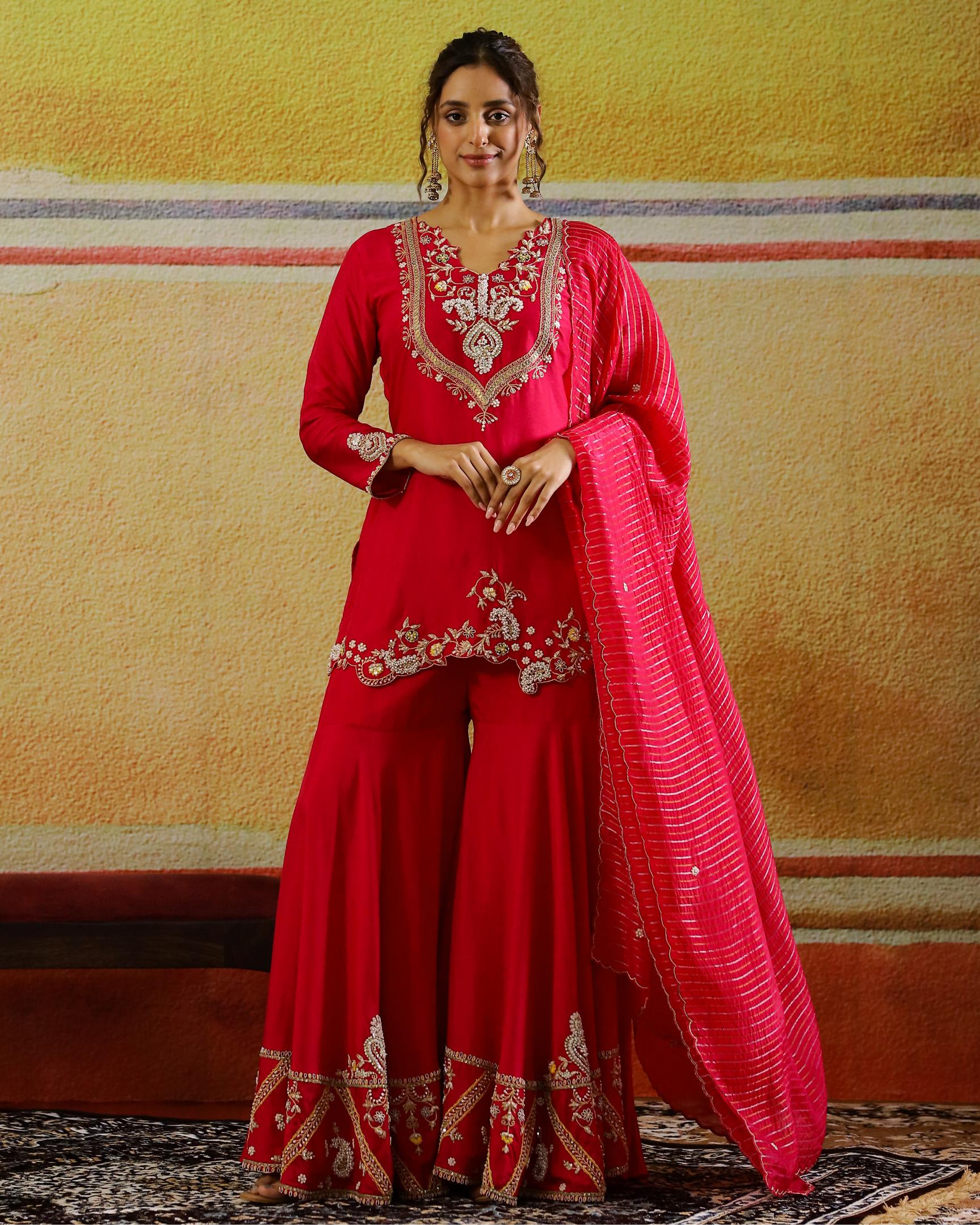 Rani Pink Embellished Raw Silk Sharara Set