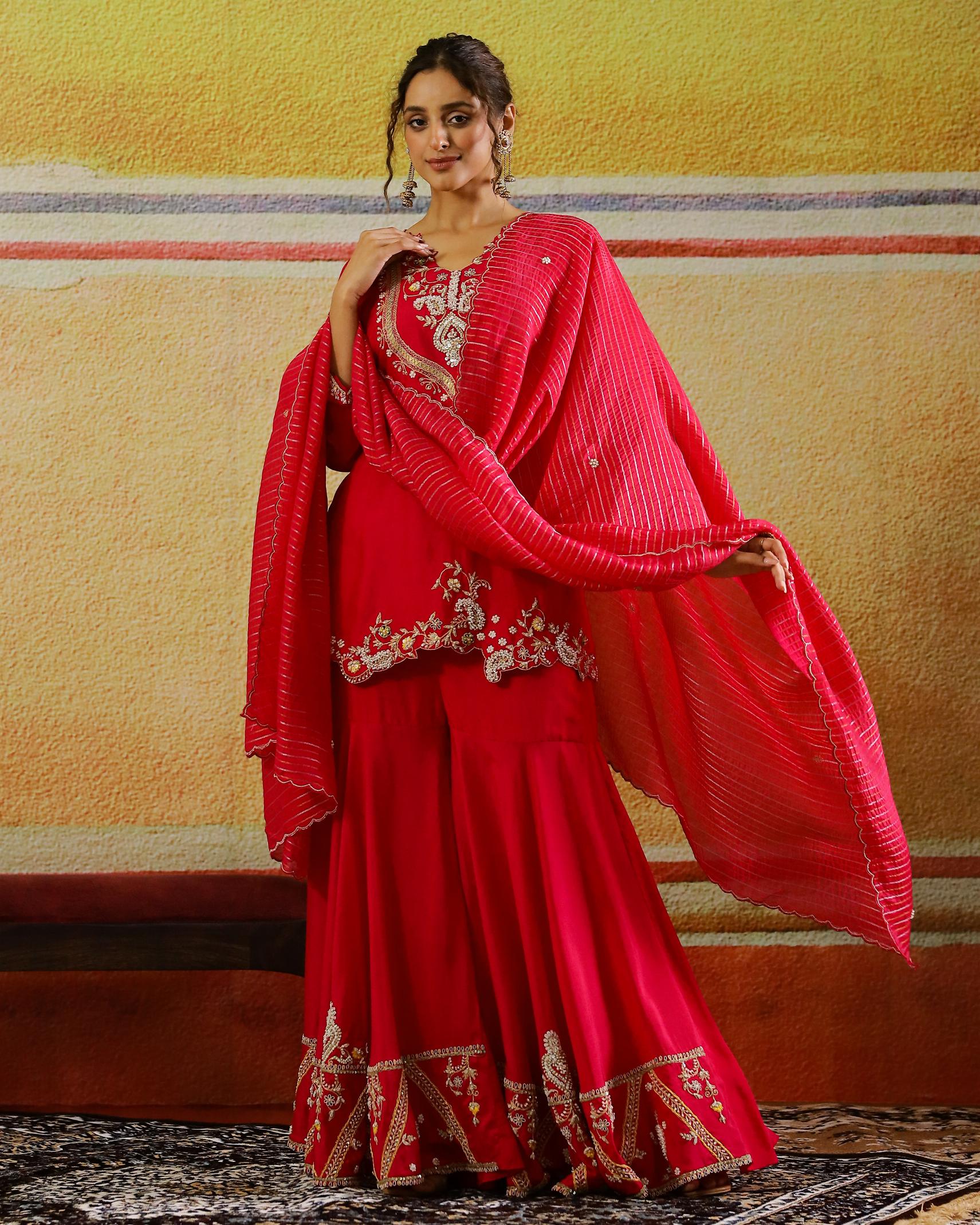 Rani Pink Embellished Raw Silk Sharara Set