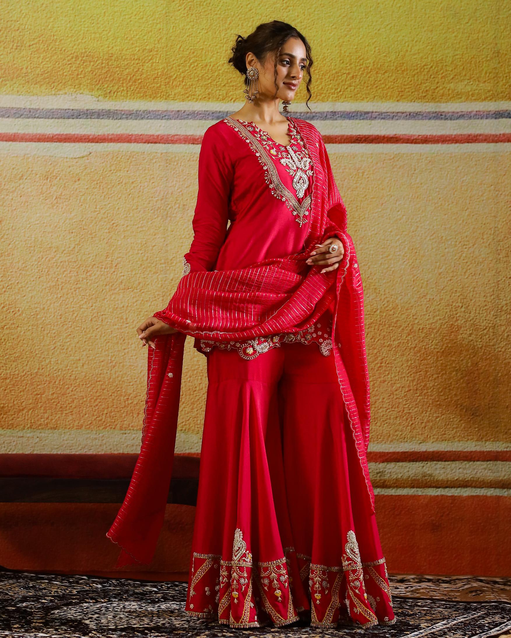 Rani Pink Embellished Raw Silk Sharara Set