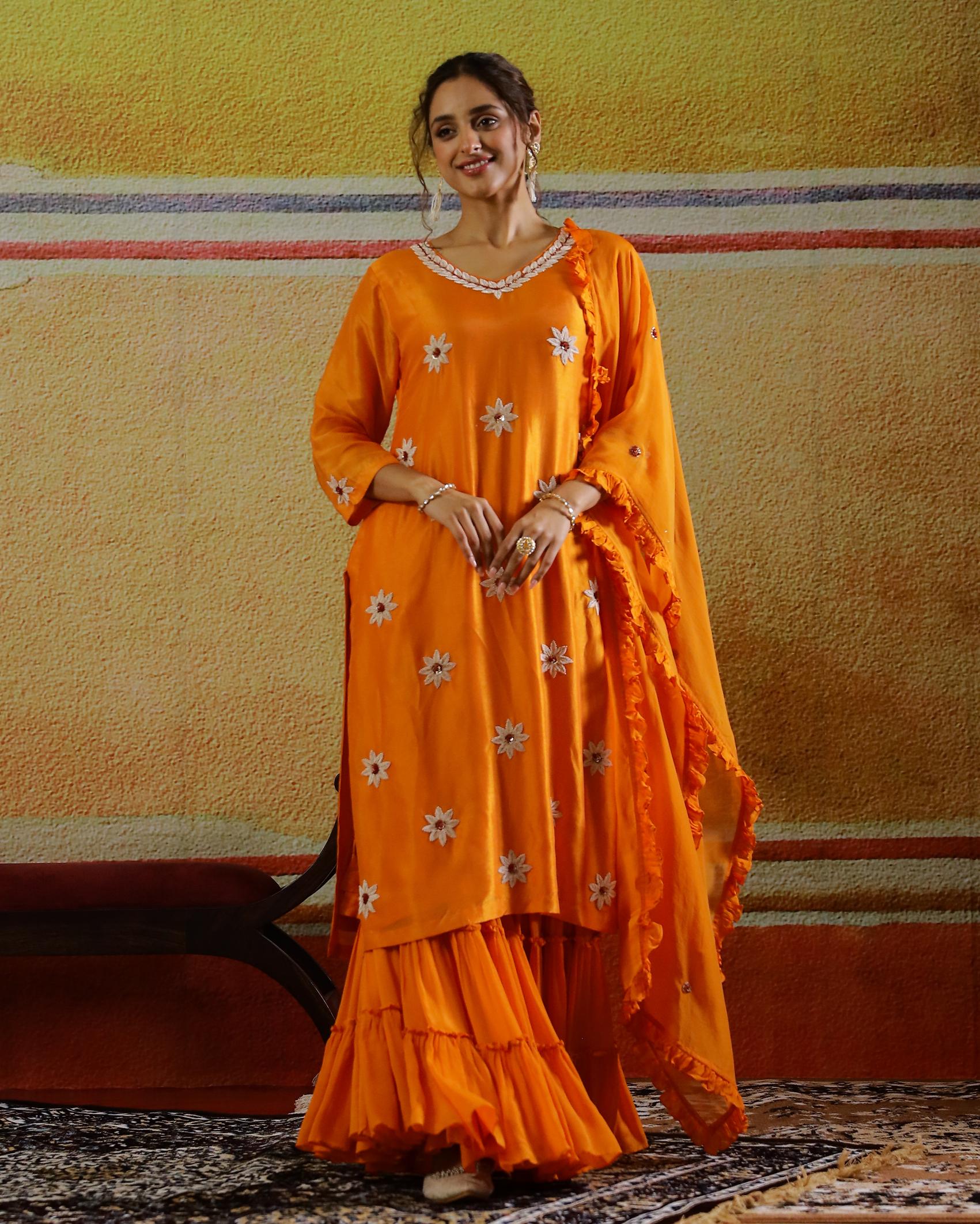 Orange Floral Embroidered Raw Silk Sharara Set