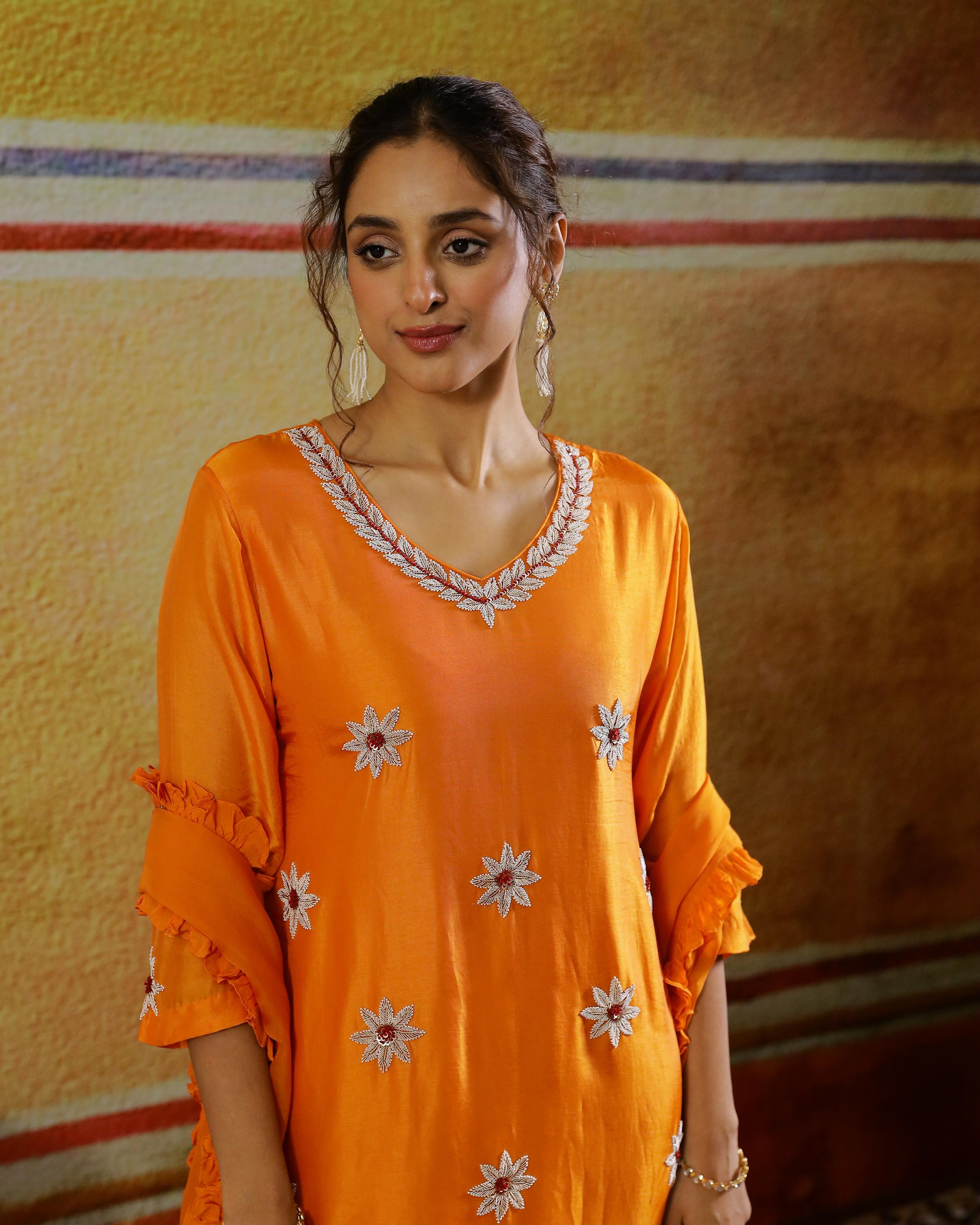 Orange Floral Embroidered Raw Silk Sharara Set