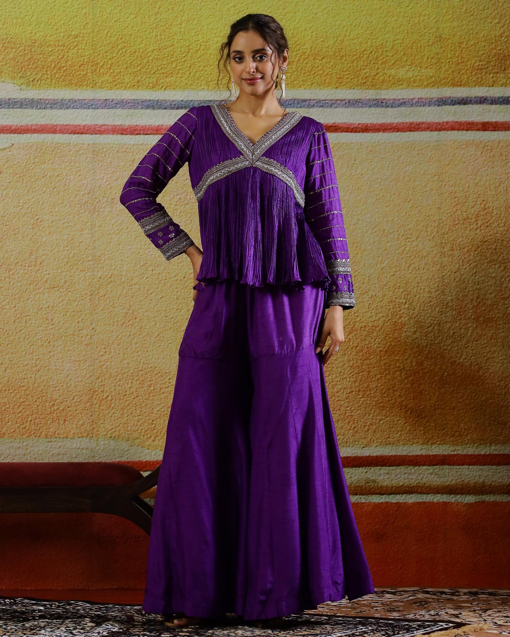 Purple Embellished Raw Silk Sharara Set