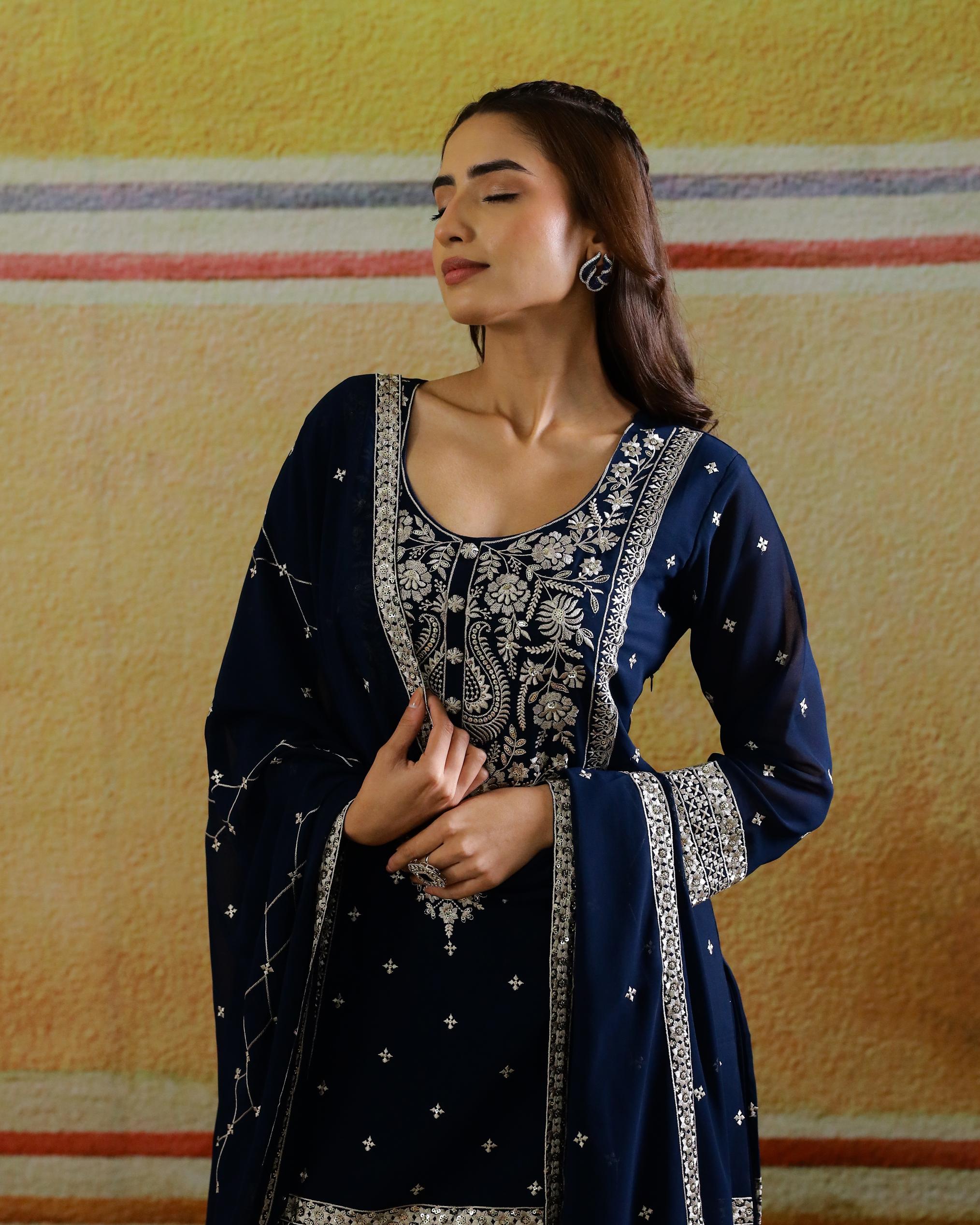 Classic Blue Embellished Georgette Silk Palazzo Set