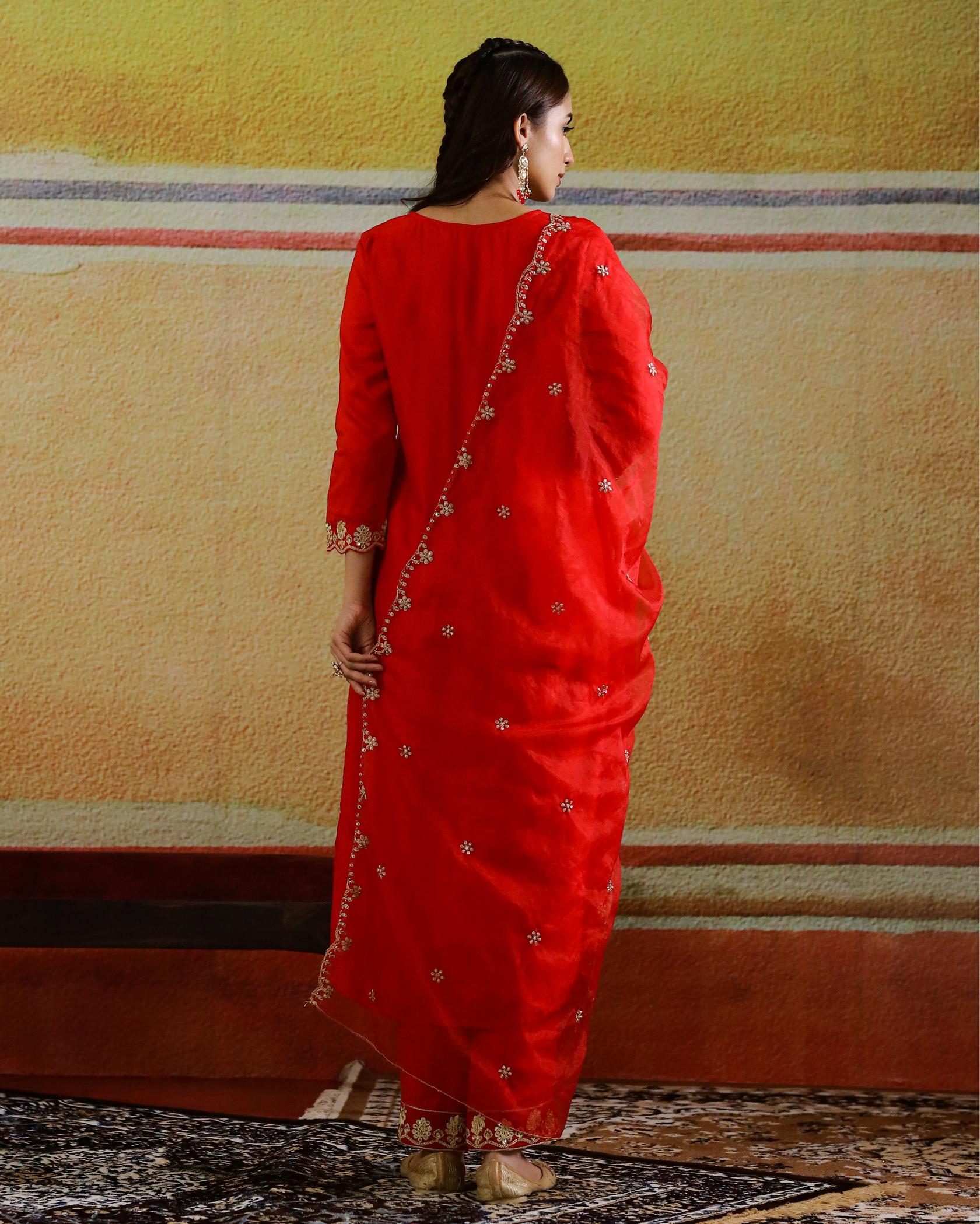 Red Embellished Raw Silk Kurta Set