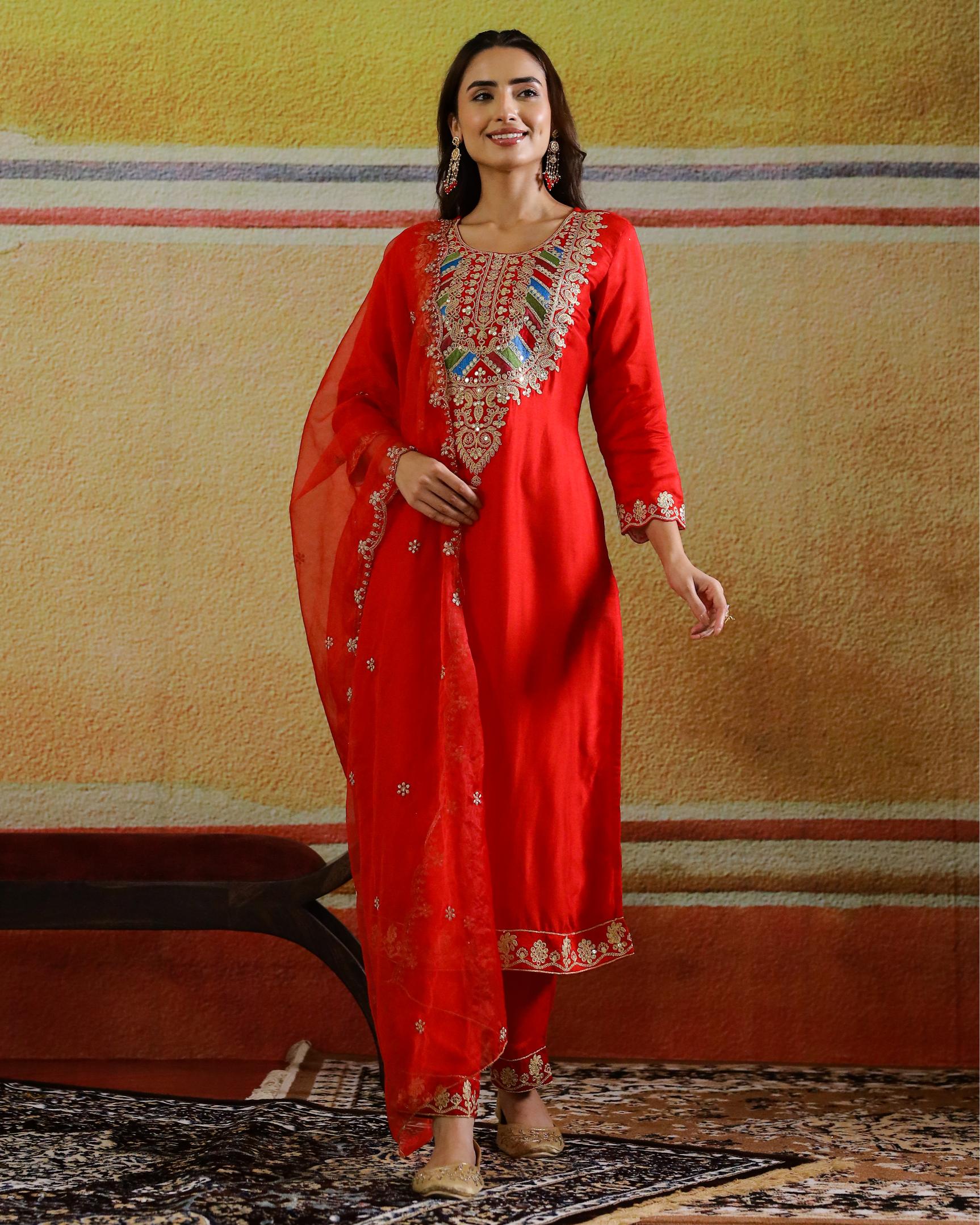 Red Embellished Raw Silk Kurta Set