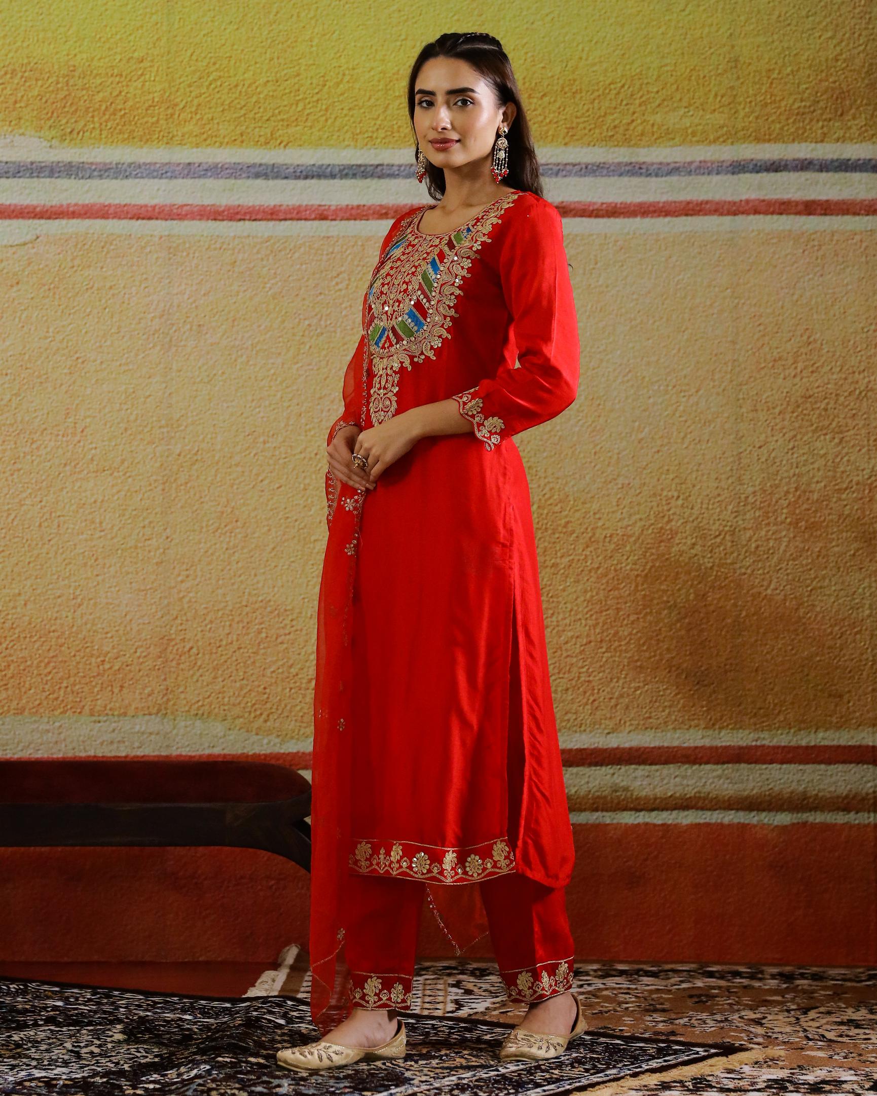 Red Embellished Raw Silk Kurta Set