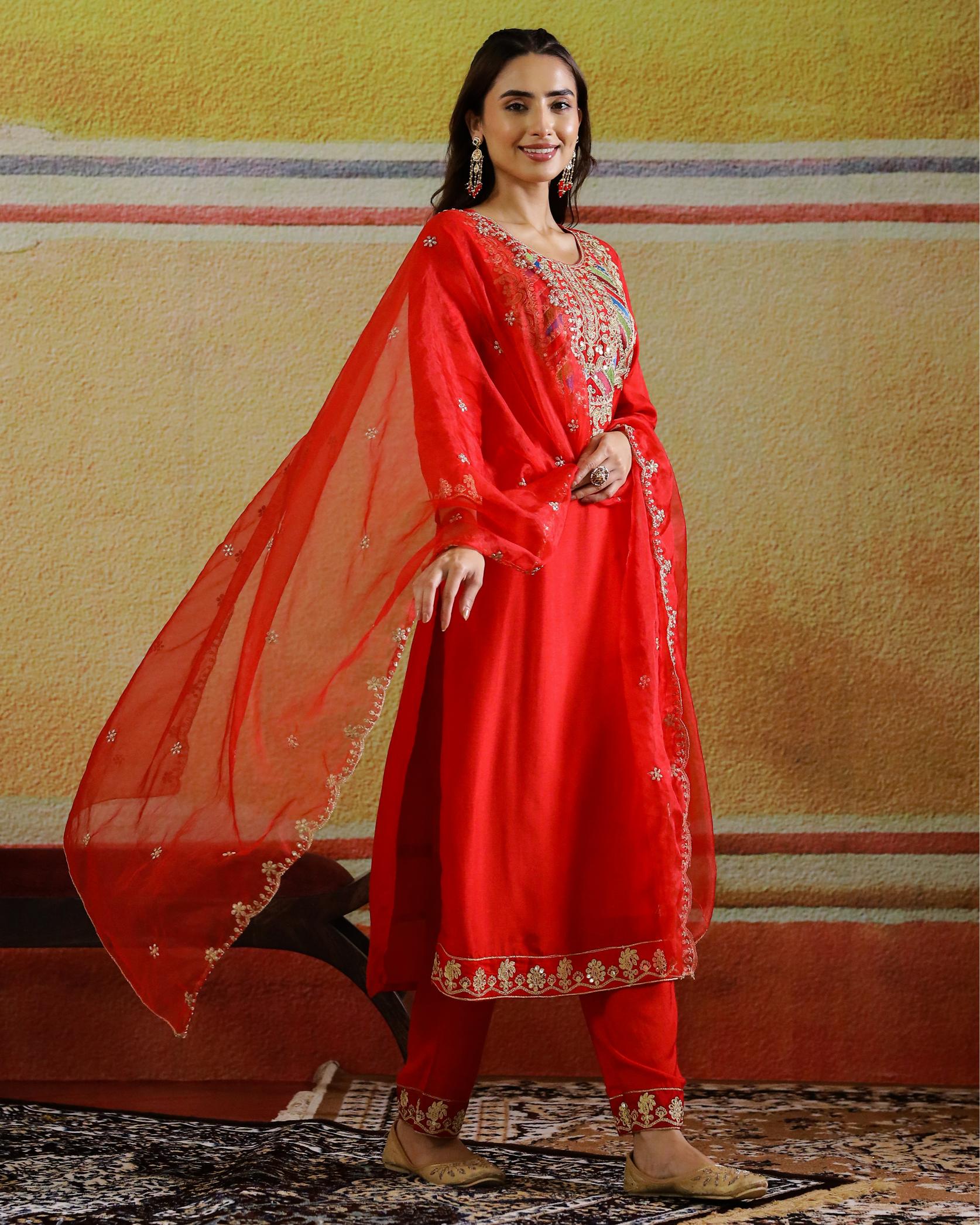 Red Embellished Raw Silk Kurta Set