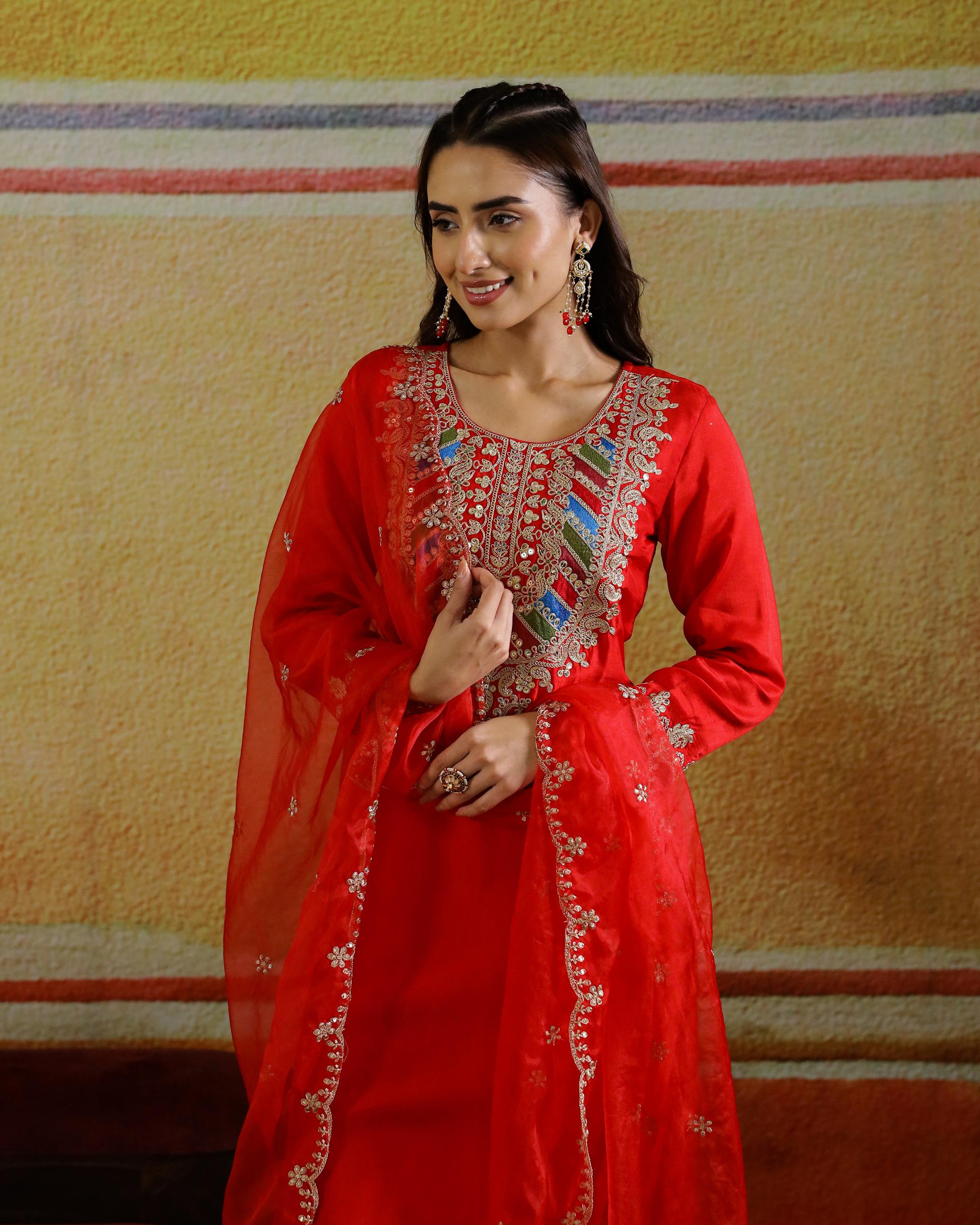 Red Embellished Raw Silk Kurta Set