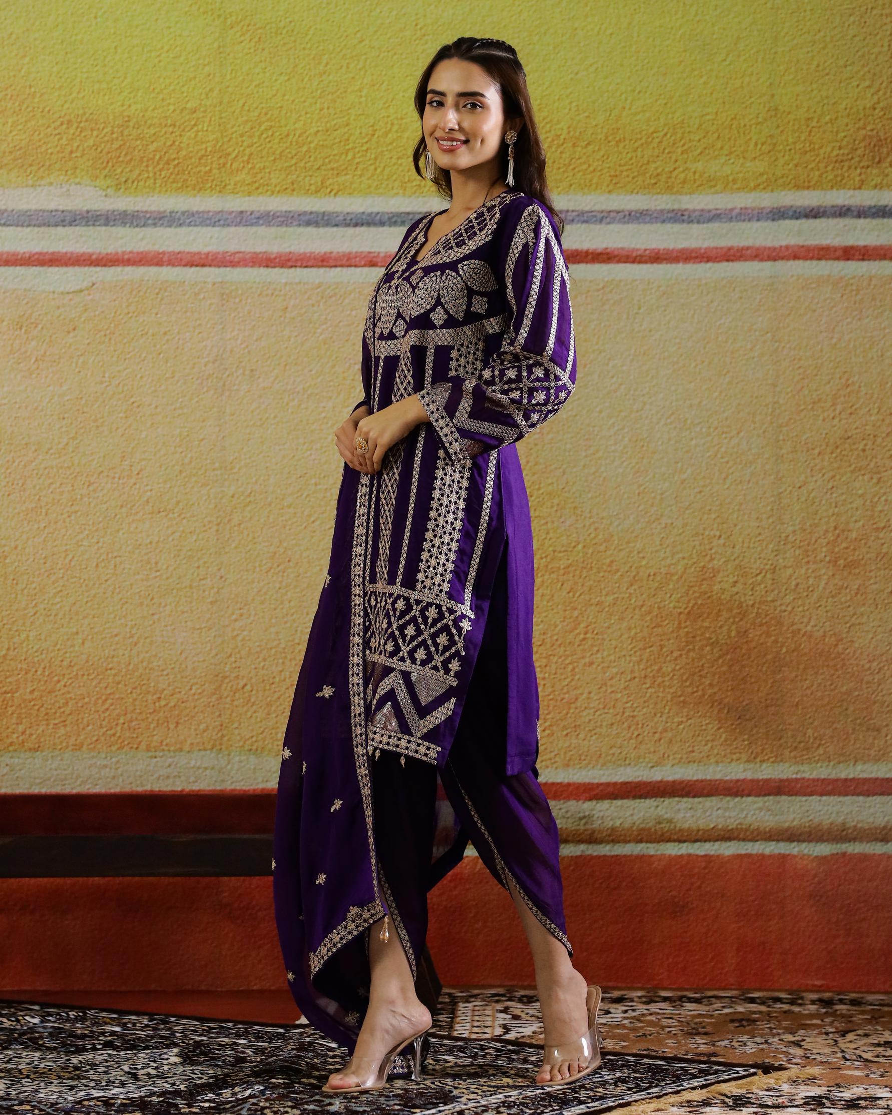 Purple Embellished Premium Silk Dhoti Set