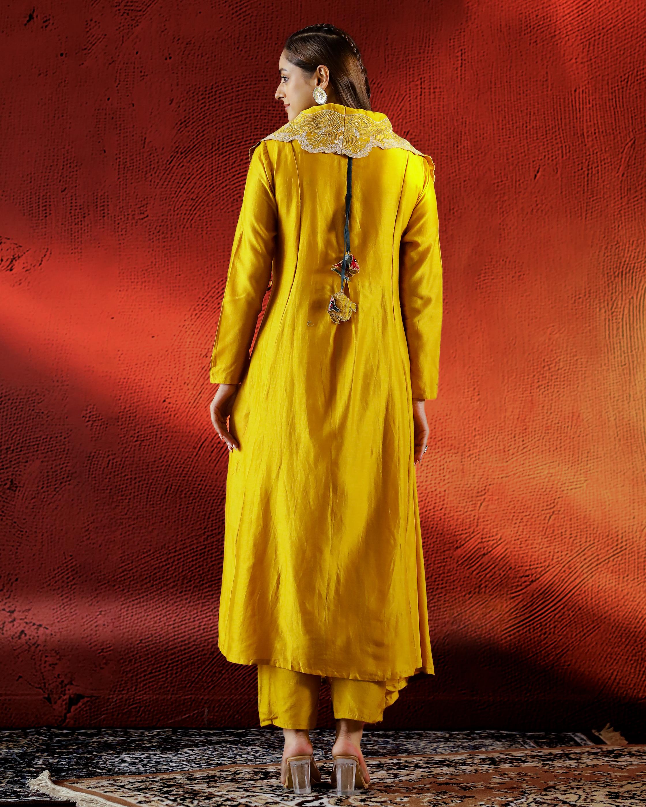 Yellow Embroidered Spanish Silk Kurta with Pants