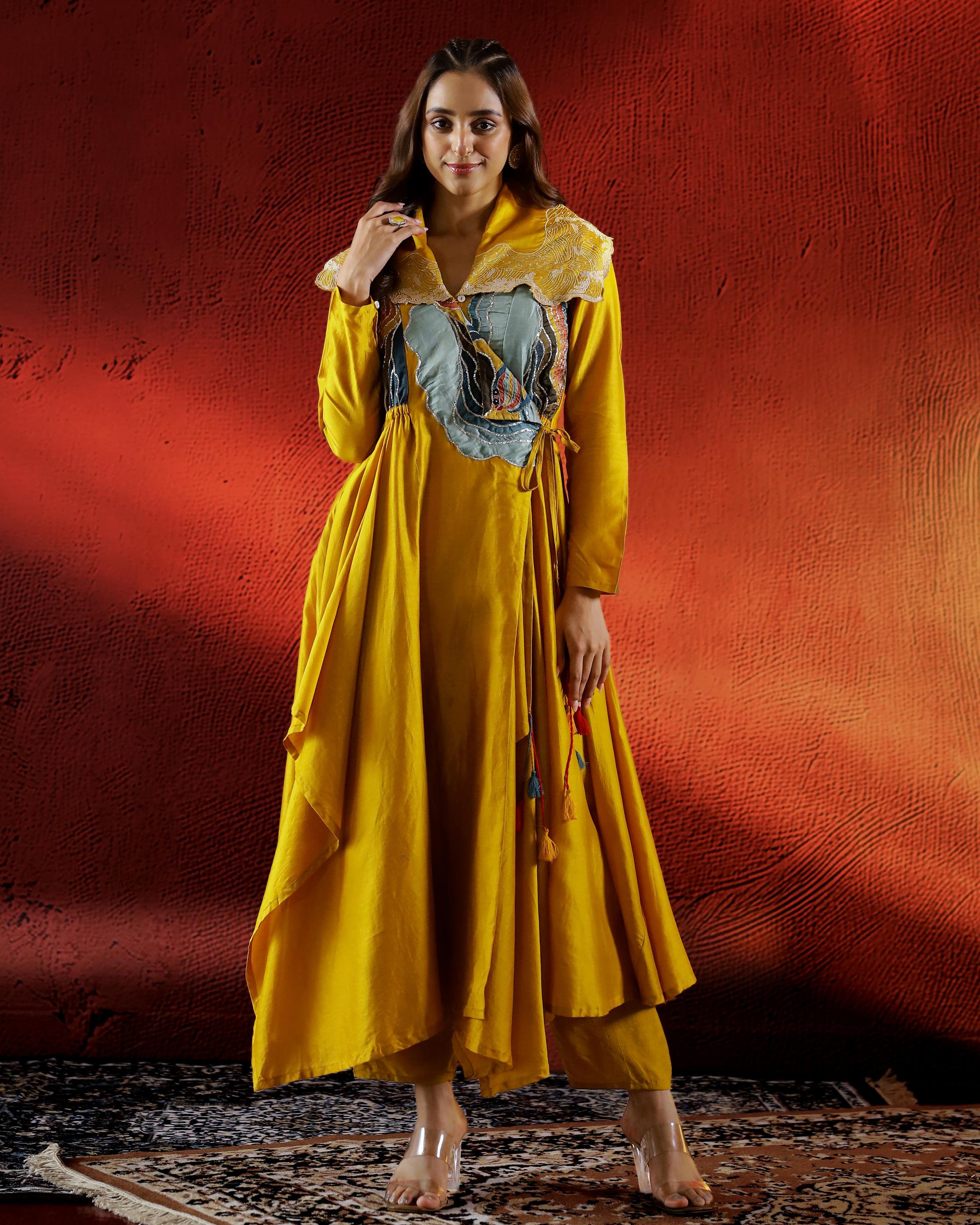 Yellow Embroidered Spanish Silk Kurta with Pants