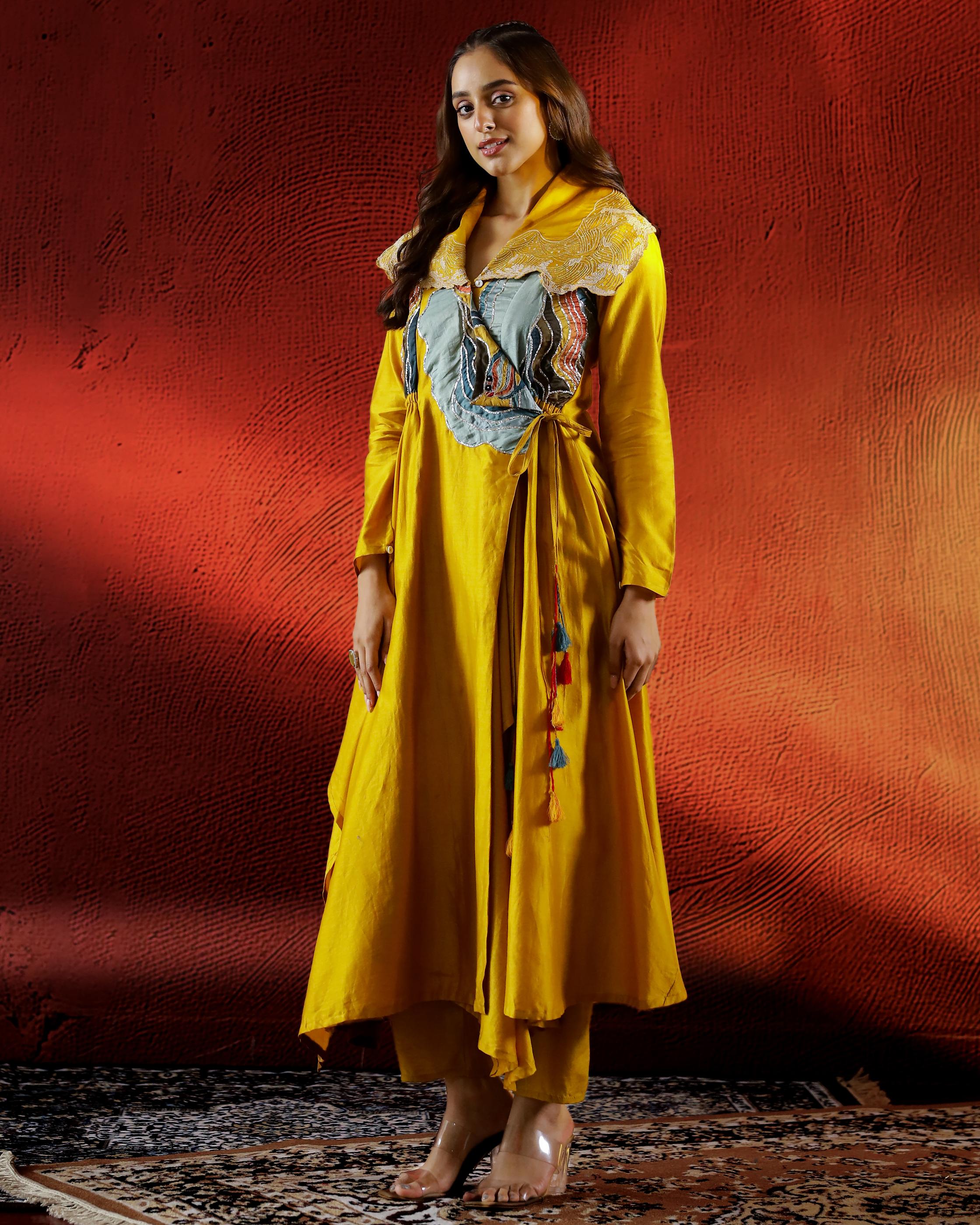 Yellow Embroidered Spanish Silk Kurta with Pants