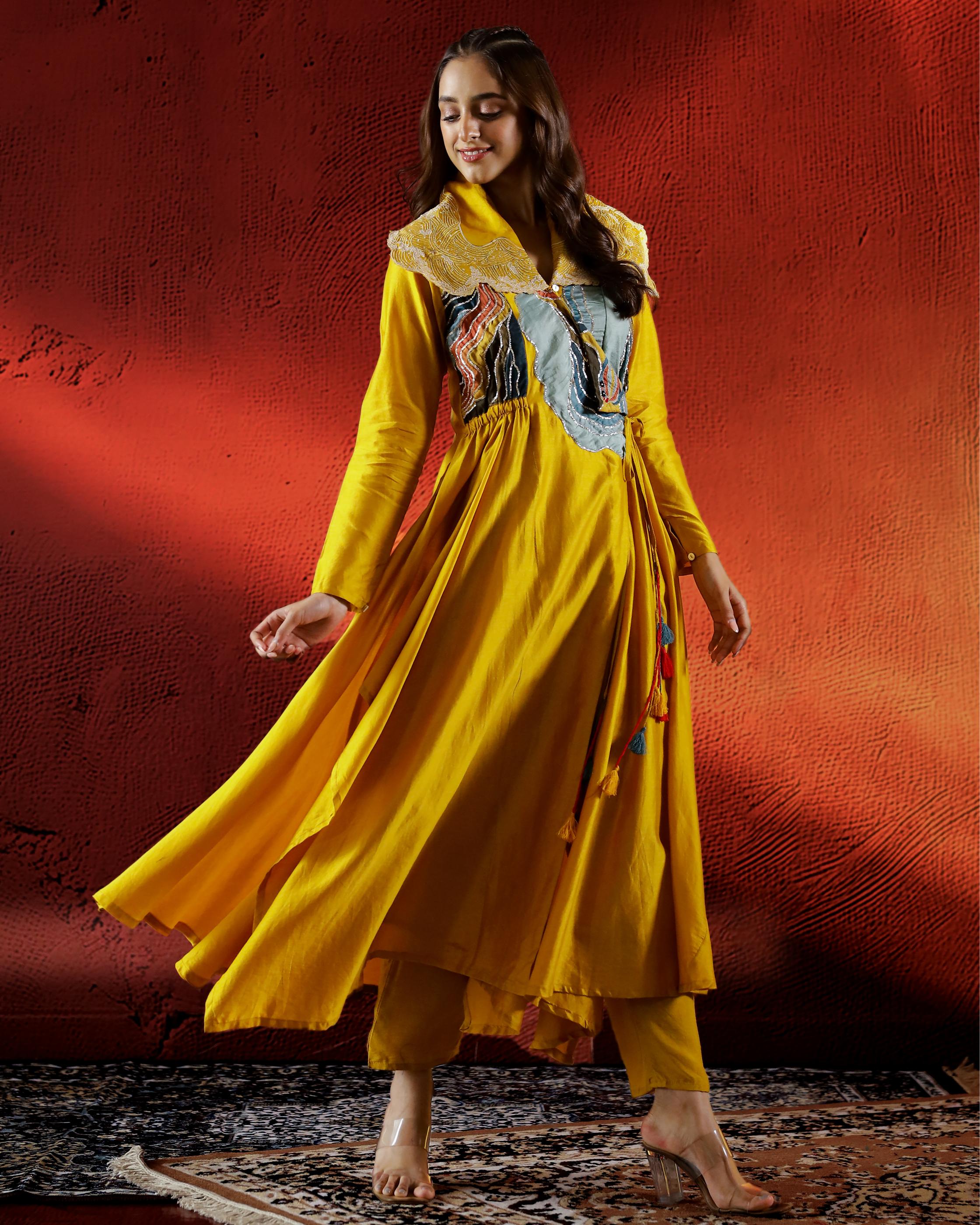 Yellow Embroidered Spanish Silk Kurta with Pants