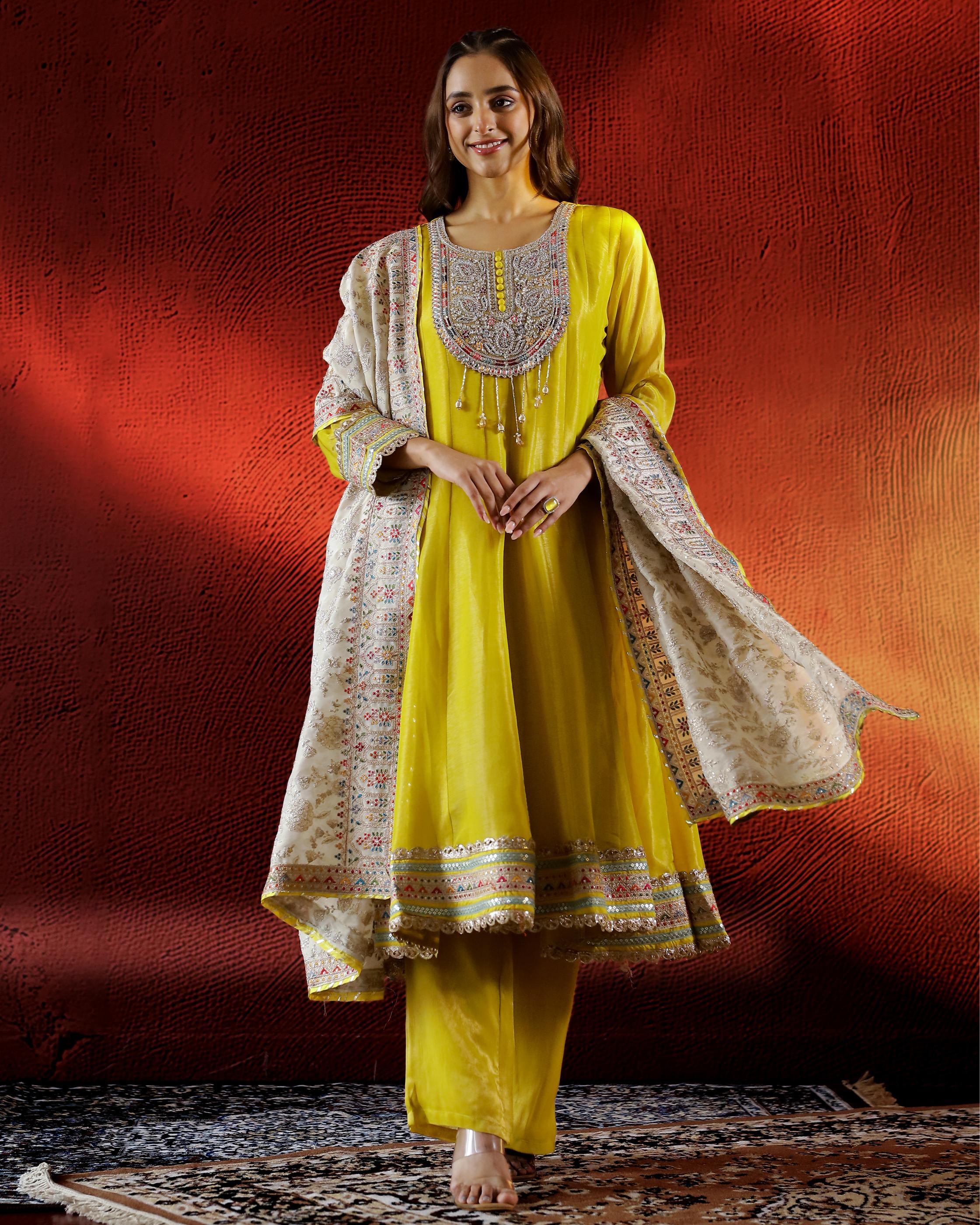 Yellow Embellished Shimmer Premium Silk Anarkali Set