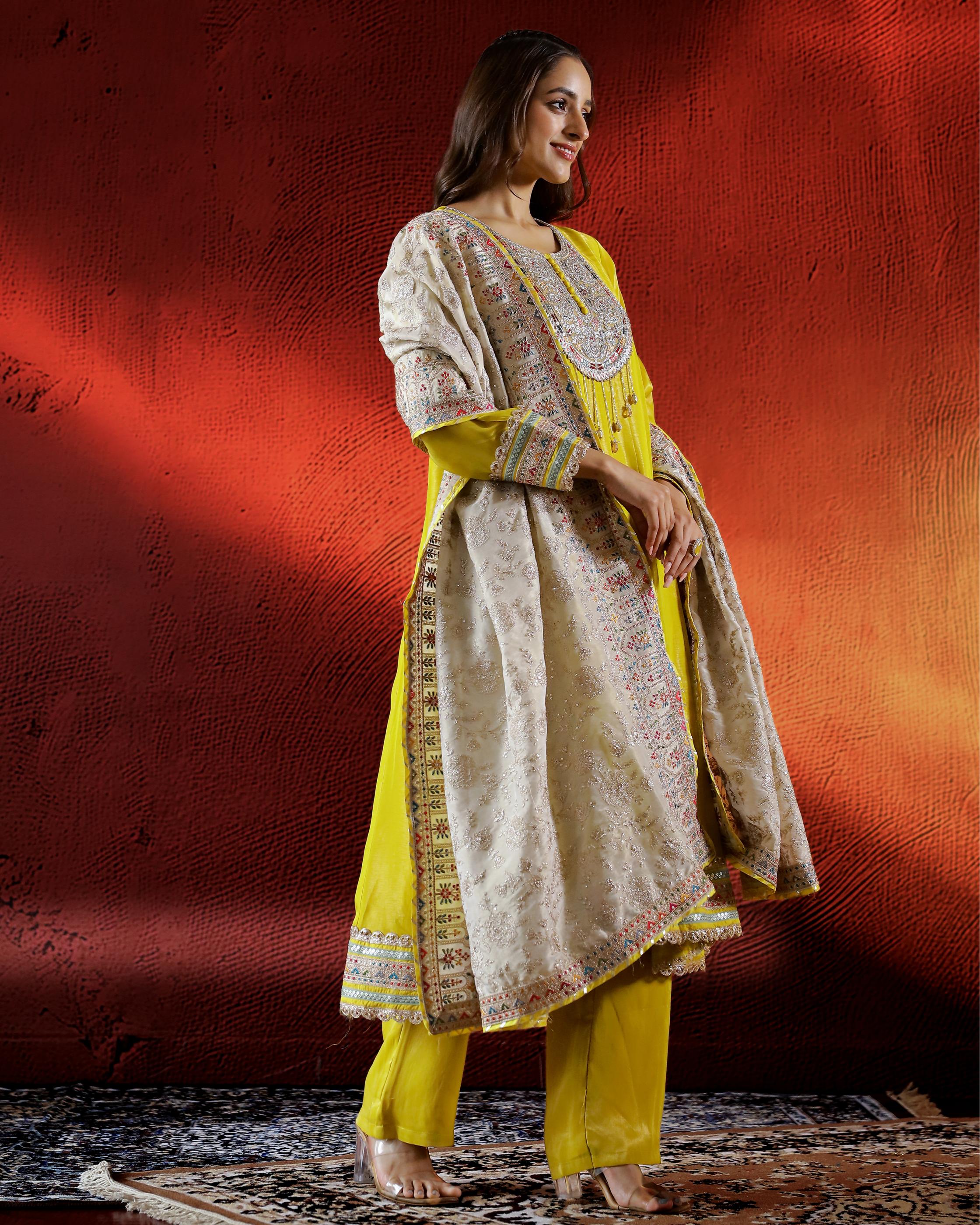 Yellow Embellished Shimmer Premium Silk Anarkali Set