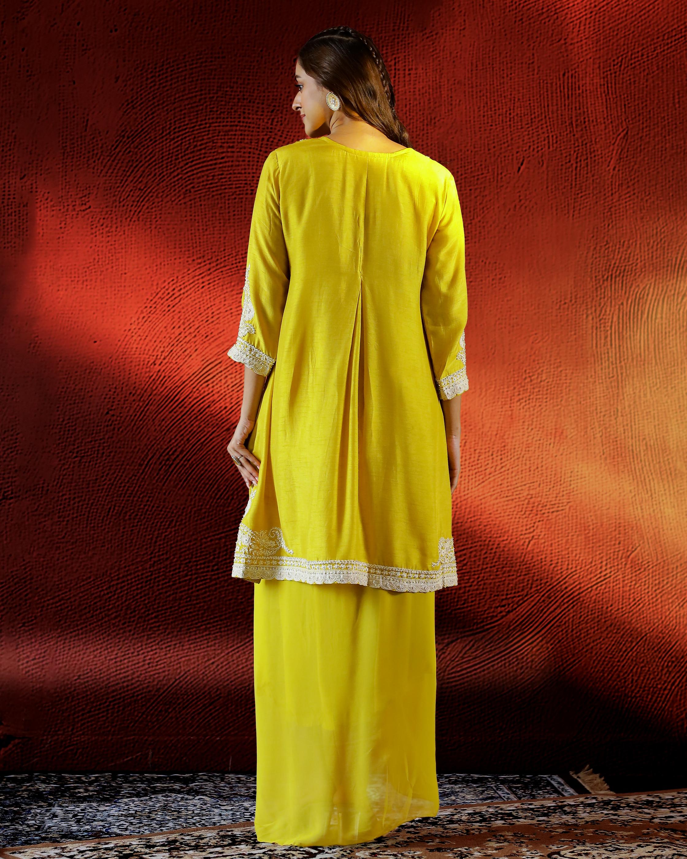 Yellow Embellished Raw Silk Drape Skirt Set