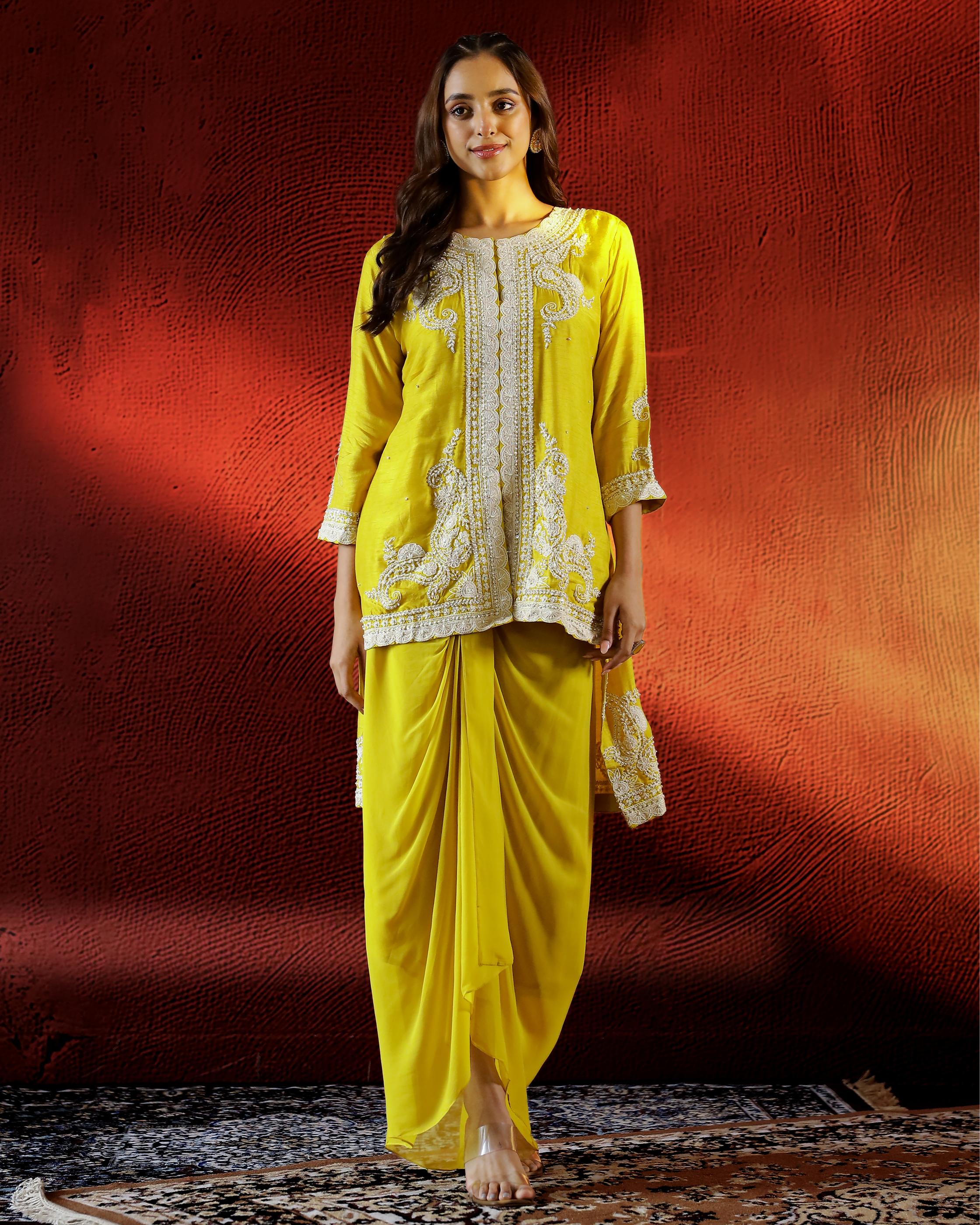 Yellow Embellished Raw Silk Drape Skirt Set