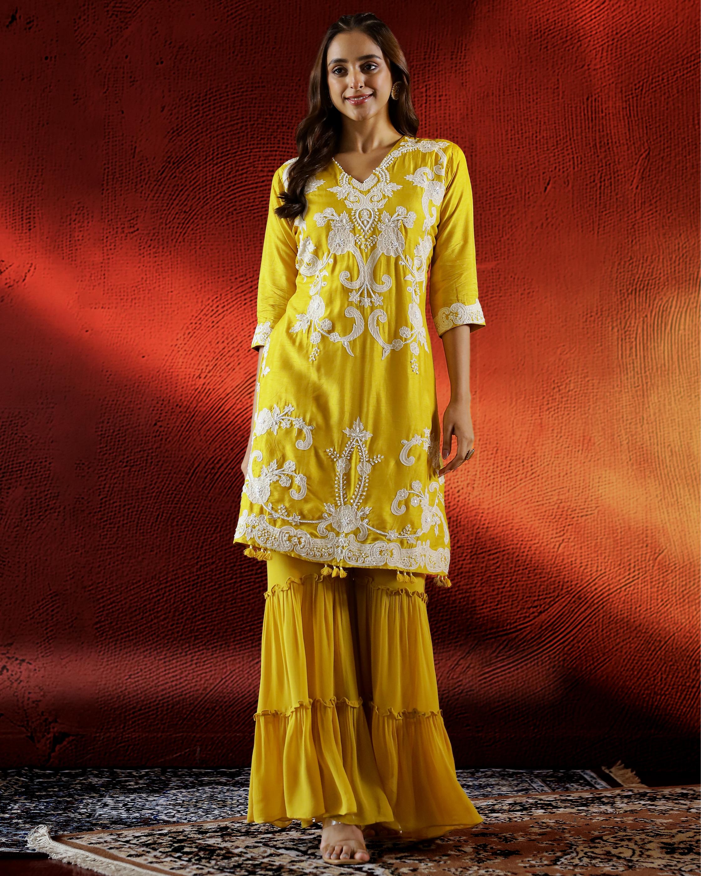 Bright Yellow Embellished Raw Silk Sharara Set