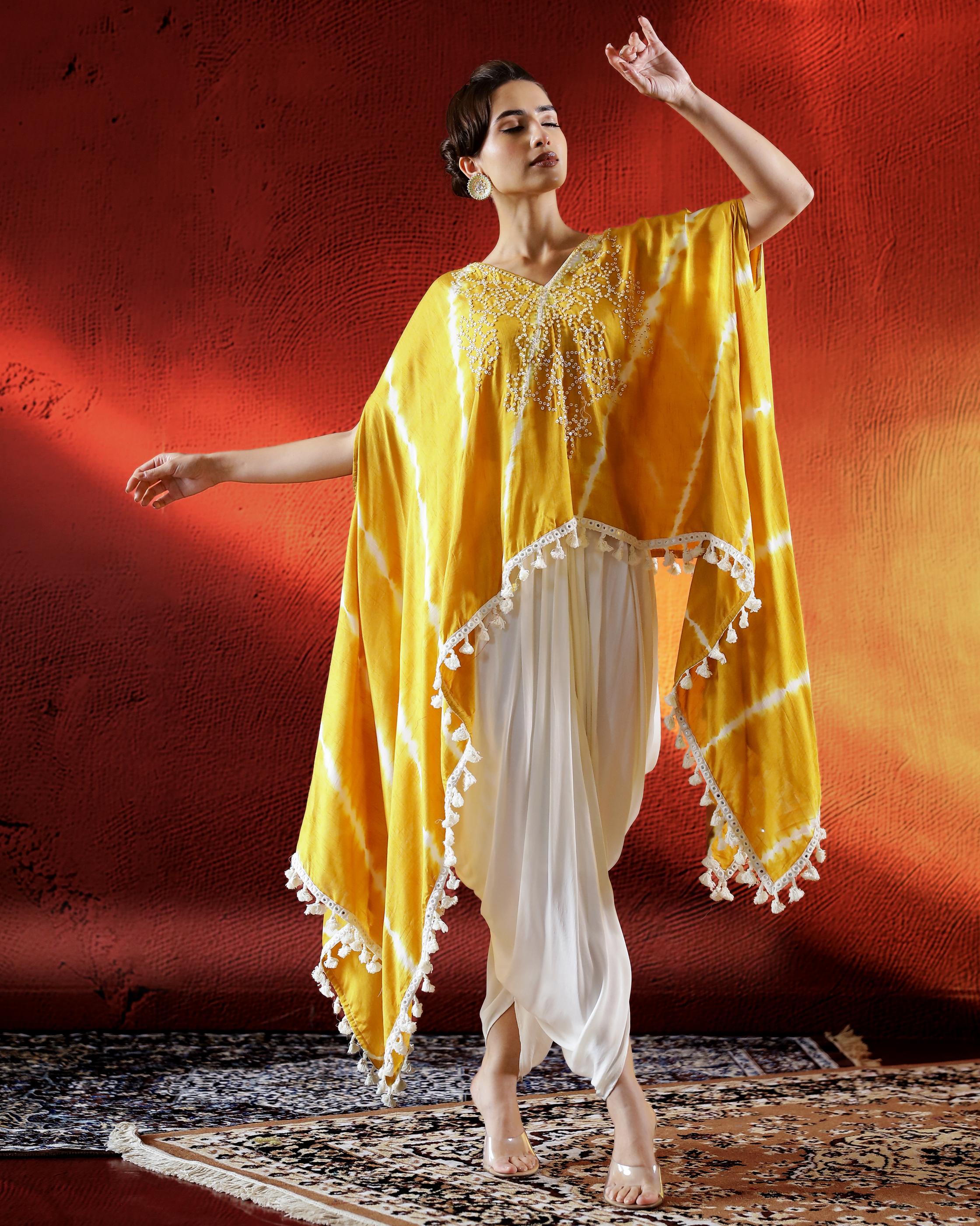 Golden Yellow Leheriya Printed Raw Silk Kaftan Set.