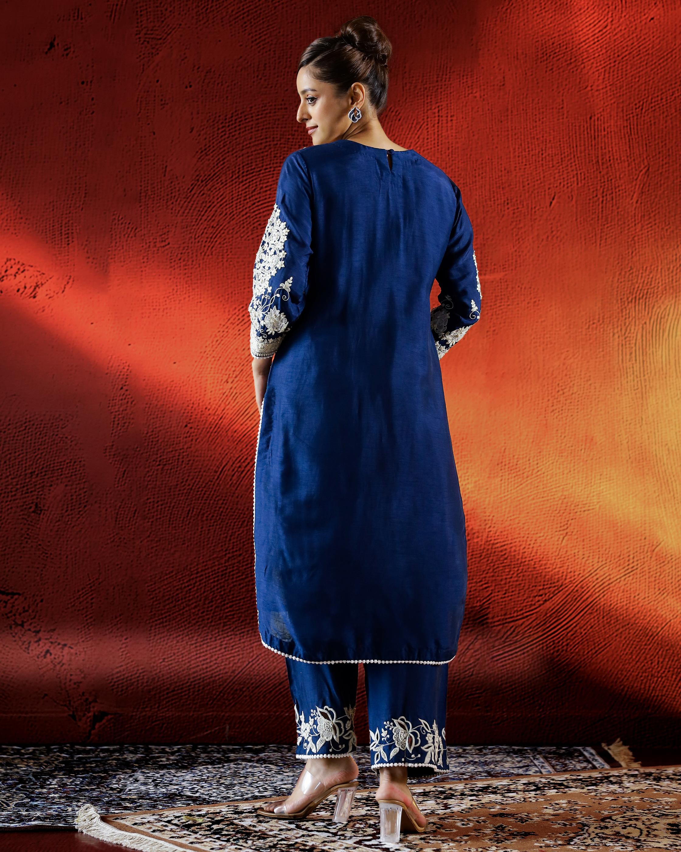 Deep Blue Embroidered Raw Silk Kurta Set